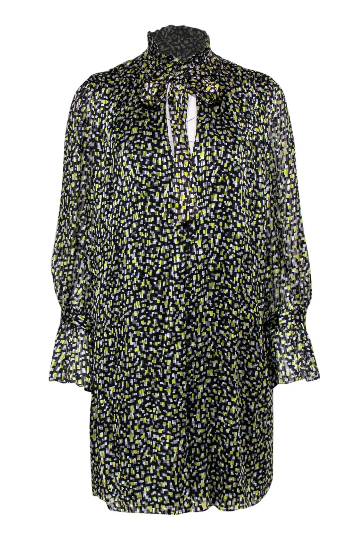 Alice & Olivia - Green, Black & White Geo Print Long Sleeve Dress Sz L