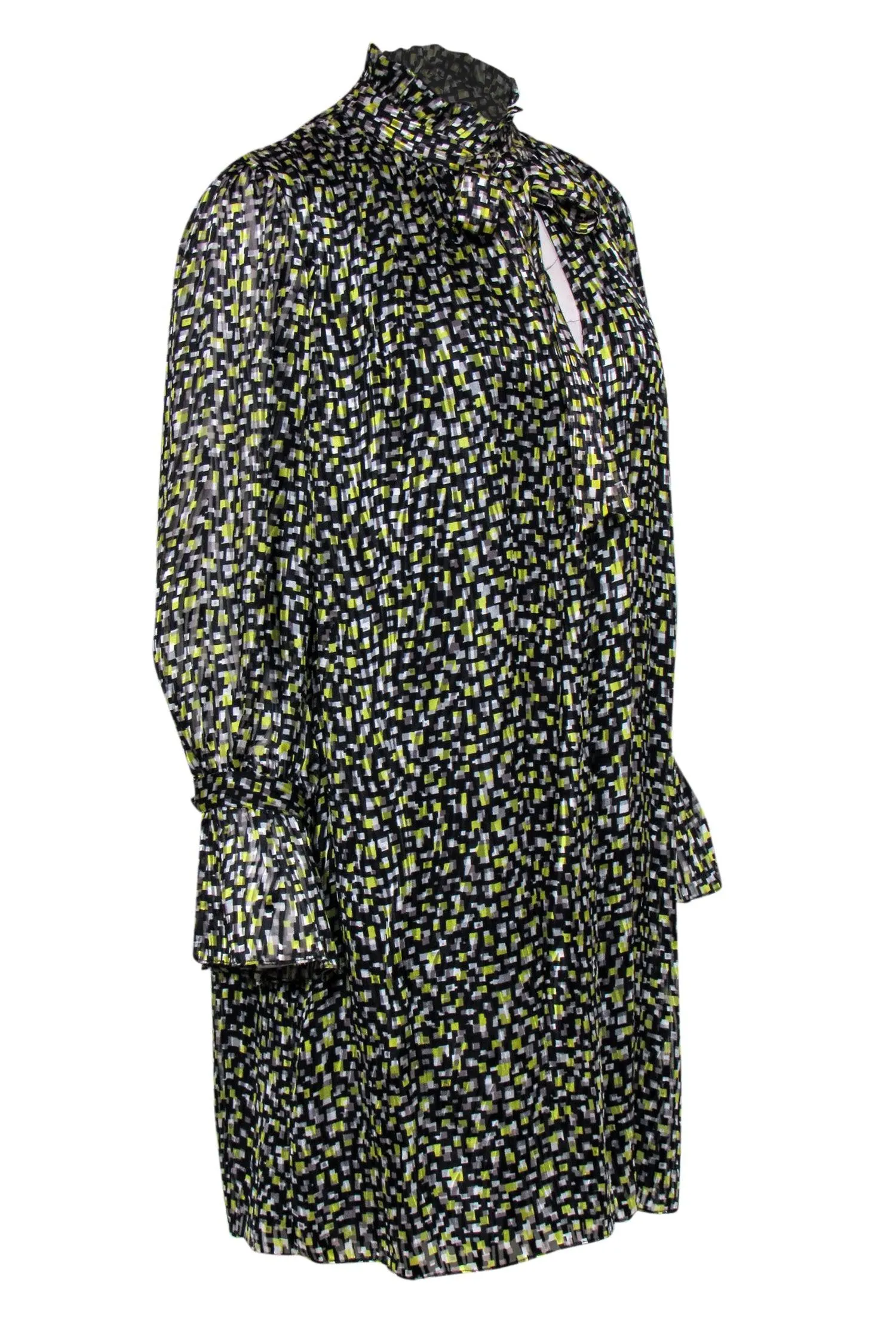 Alice & Olivia - Green, Black & White Geo Print Long Sleeve Dress Sz L