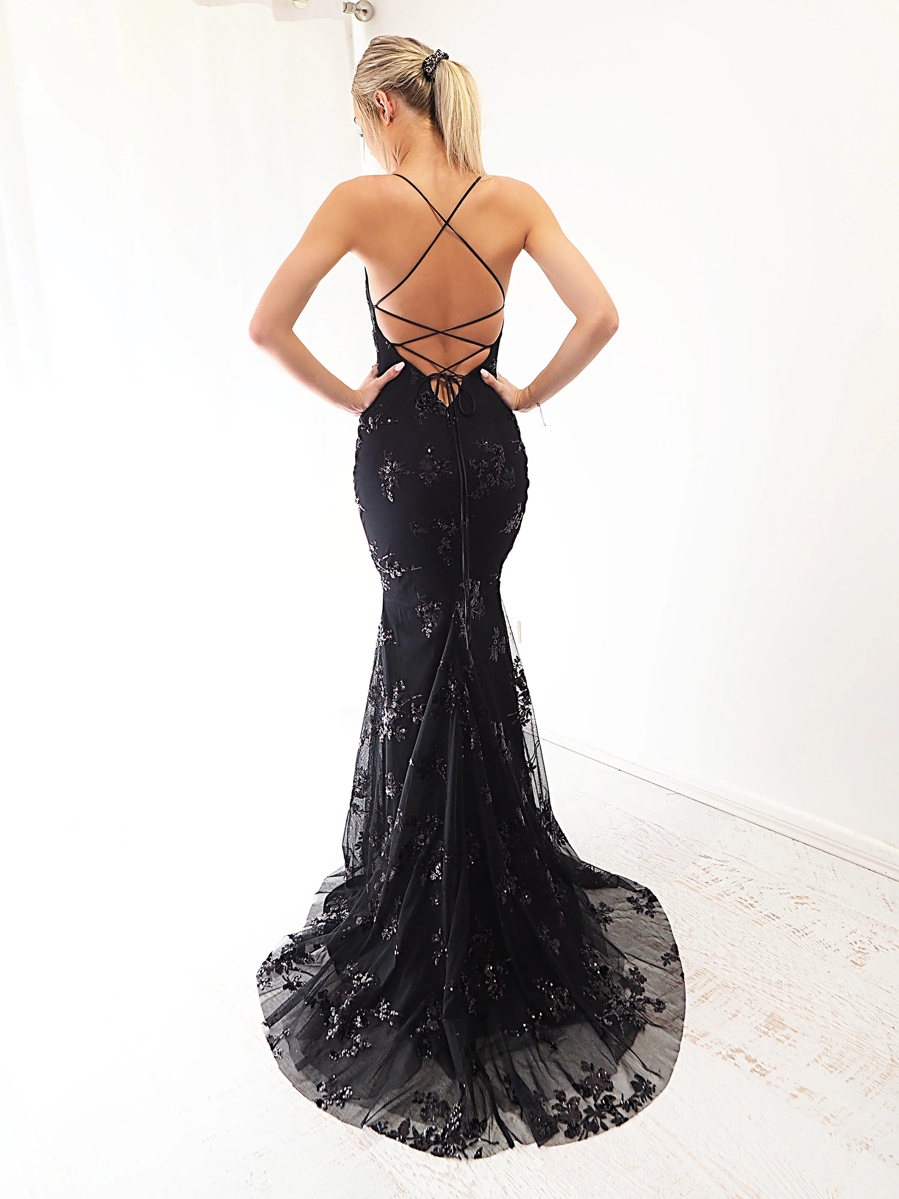 Black sequin lace mermaid dress