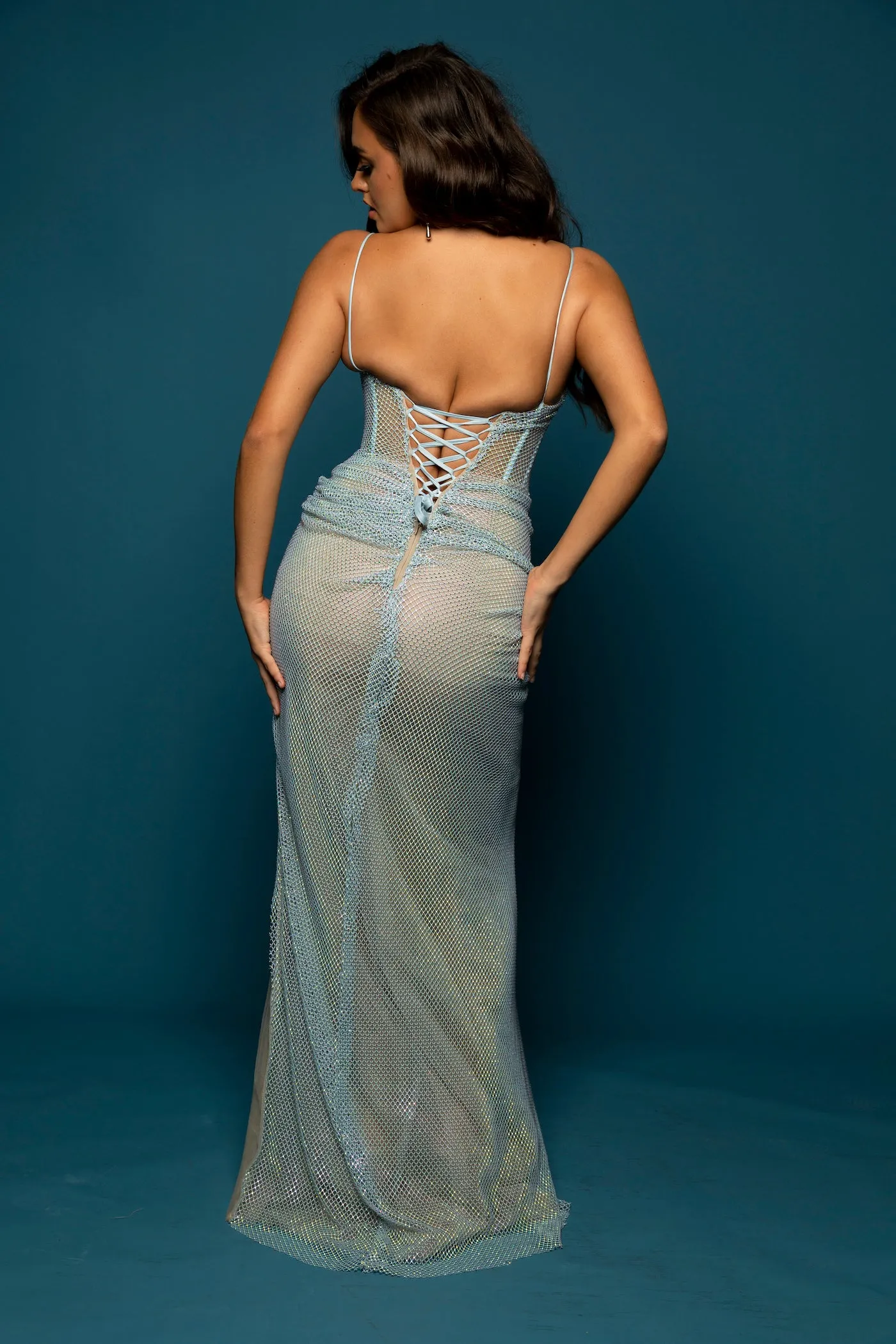 Blue mesh ruching top with lace up back dress with simple straps