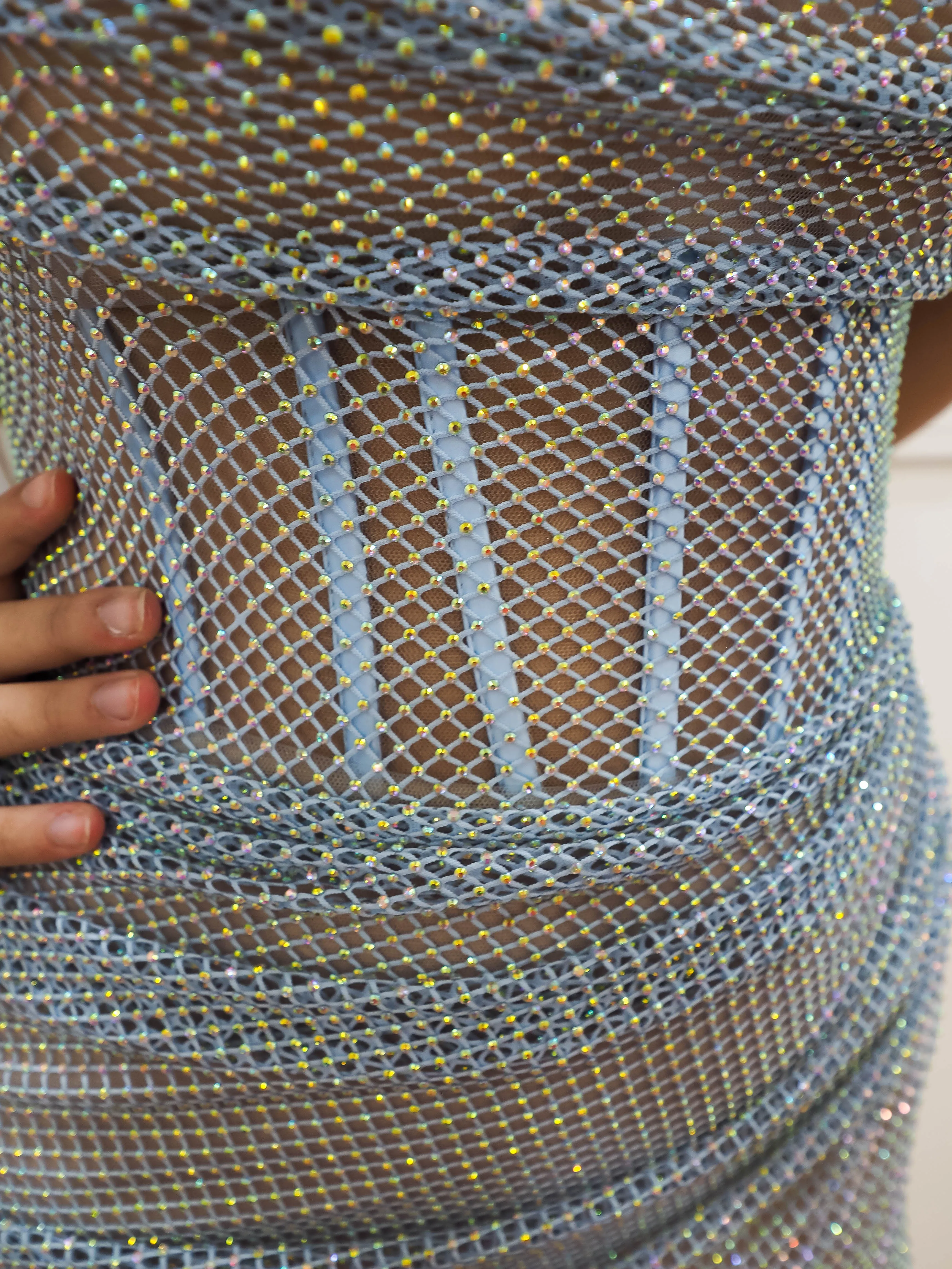 Blue mesh ruching top with lace up back dress with simple straps