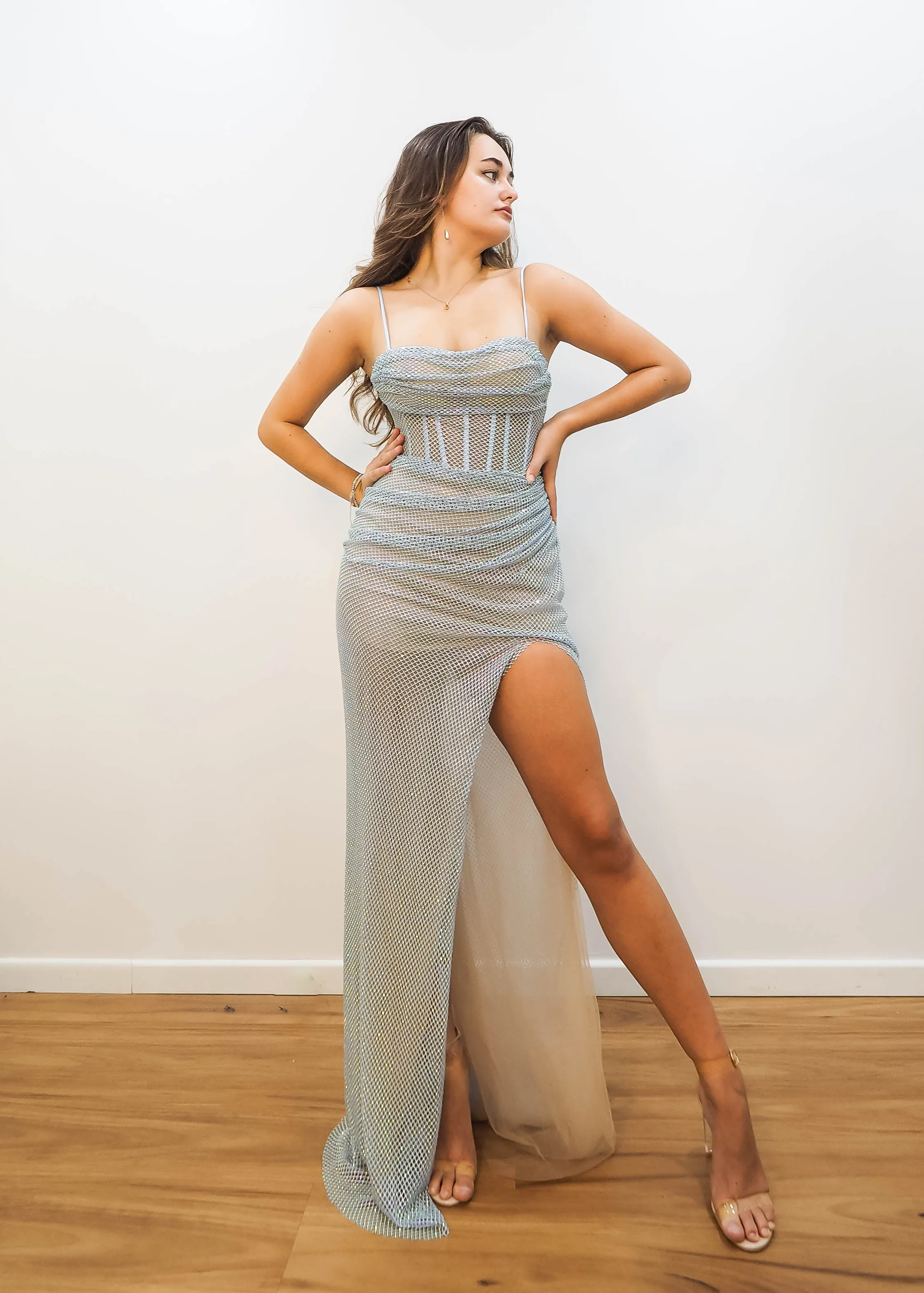 Blue mesh ruching top with lace up back dress with simple straps