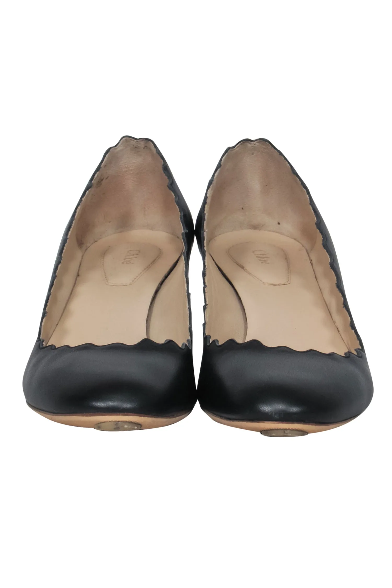 Chloe - Black Leather Scalloped Block Heel "Lauren" Pumps Sz 5.5