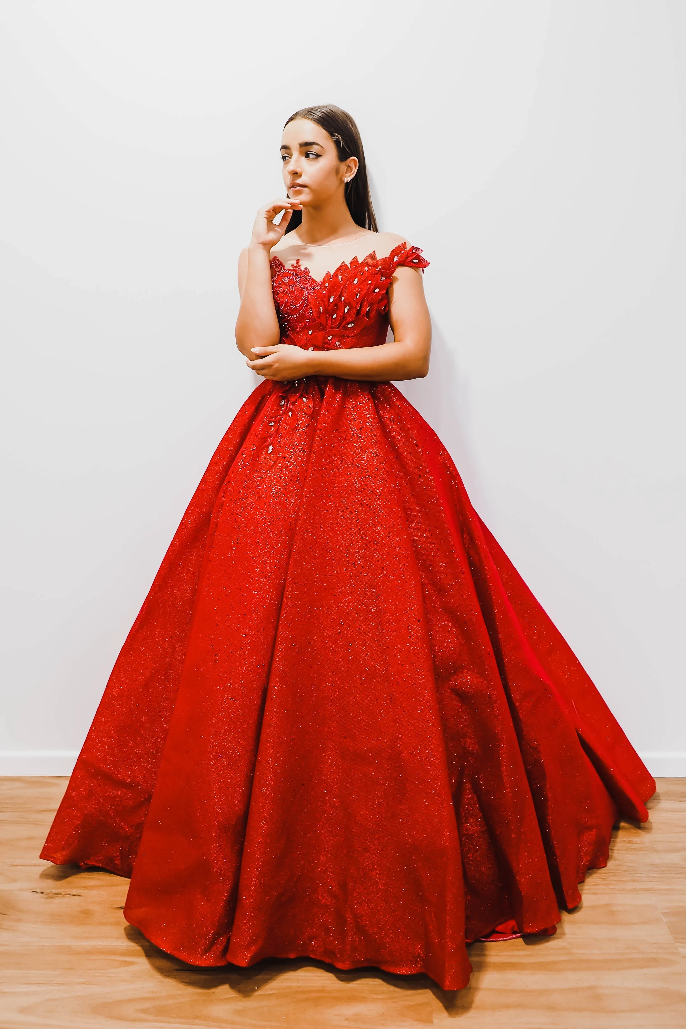 Dark red with hand made 3D flower bodice princess dress (sample sale)