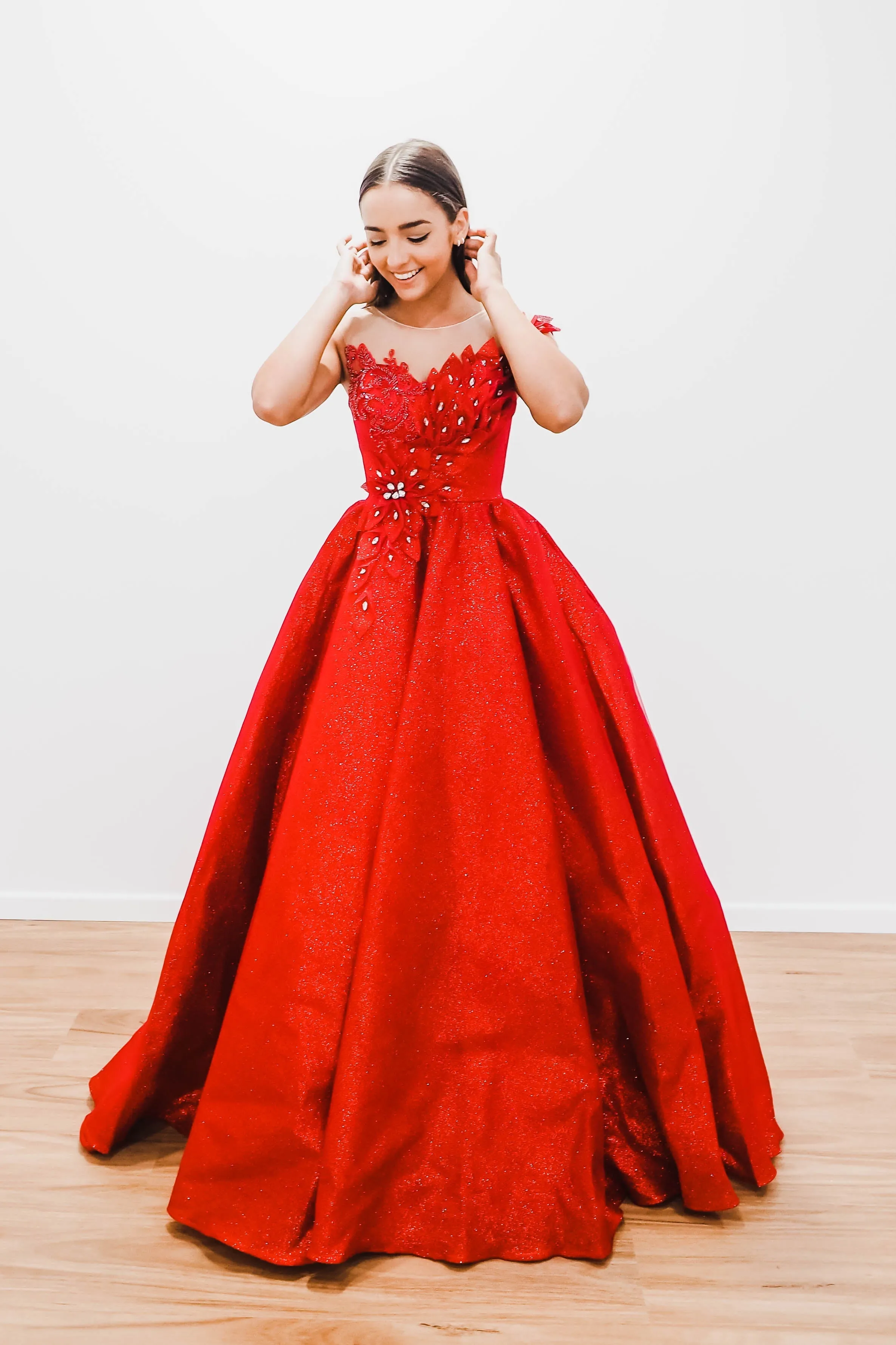 Dark red with hand made 3D flower bodice princess dress (sample sale)