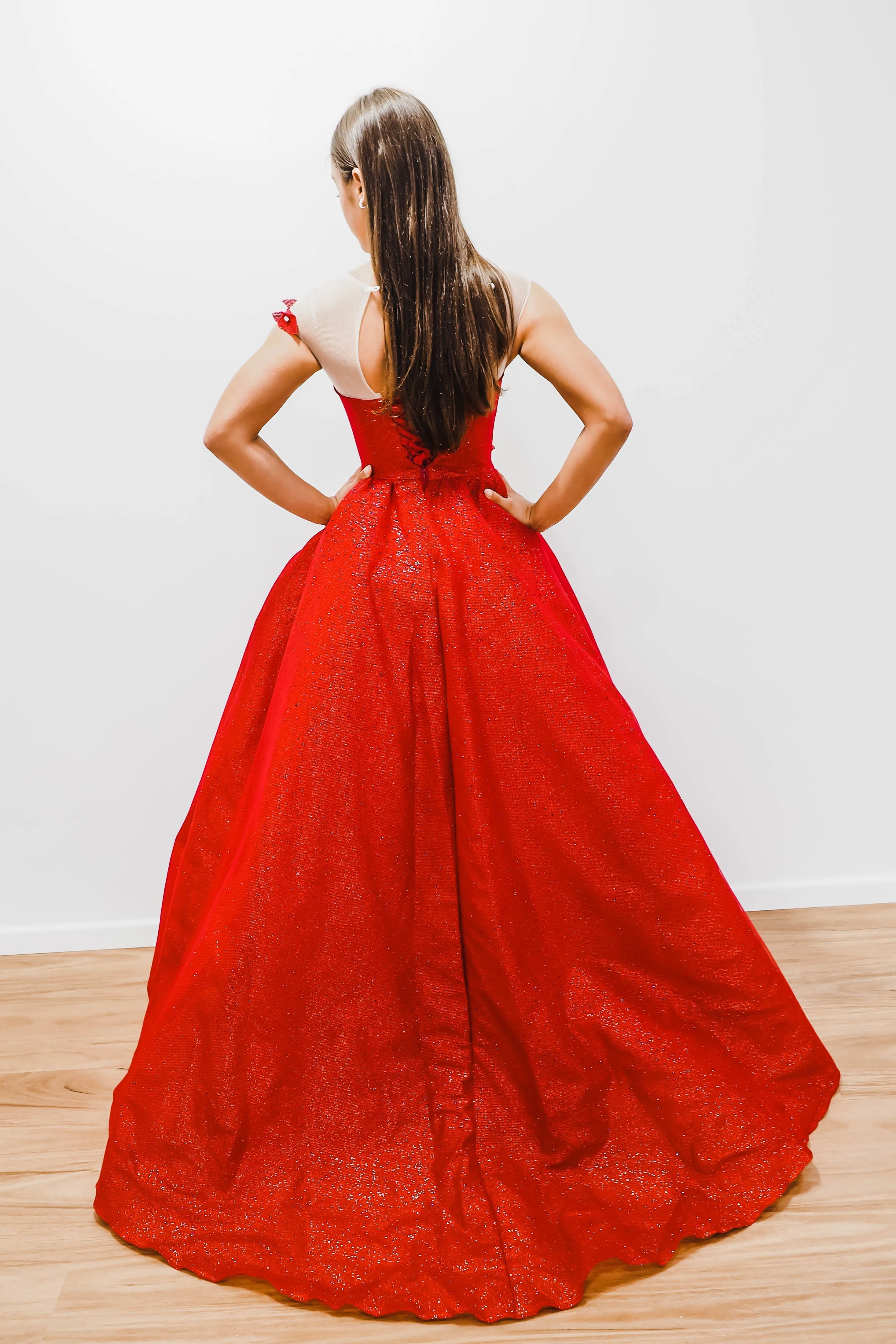 Dark red with hand made 3D flower bodice princess dress (sample sale)