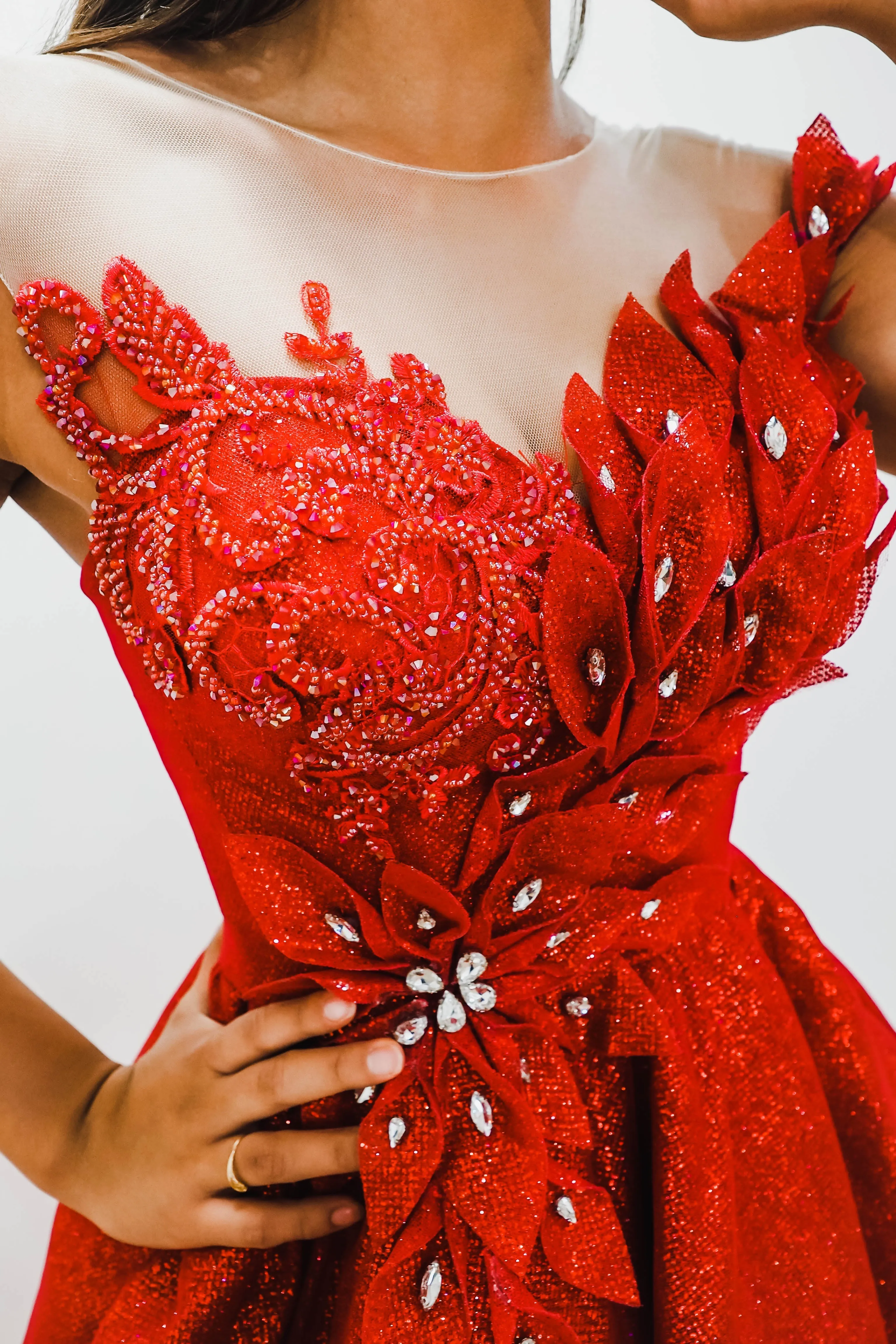 Dark red with hand made 3D flower bodice princess dress (sample sale)