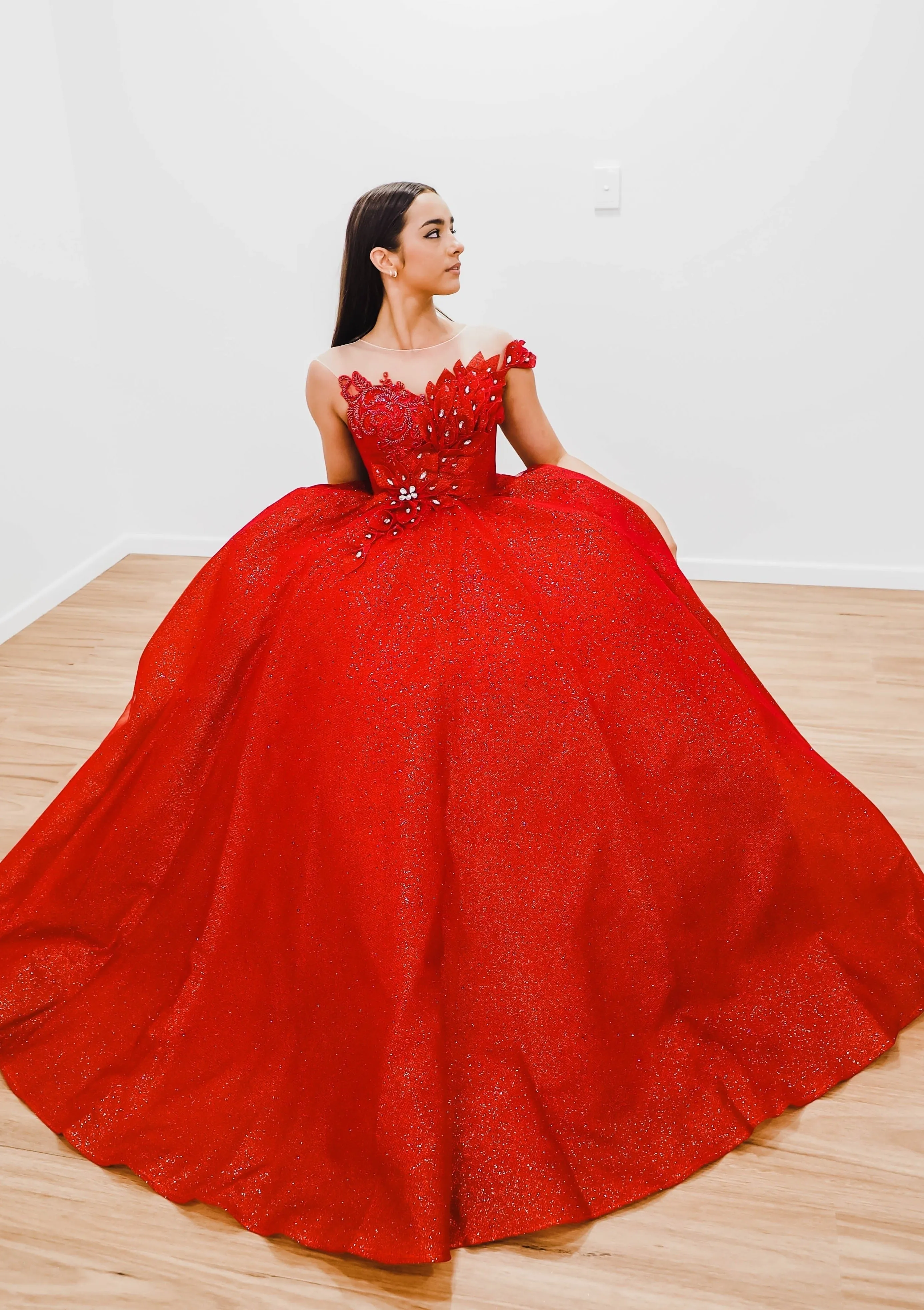 Dark red with hand made 3D flower bodice princess dress (sample sale)