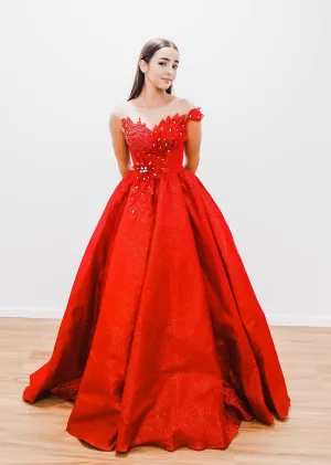 Dark red with hand made 3D flower bodice princess dress (sample sale)