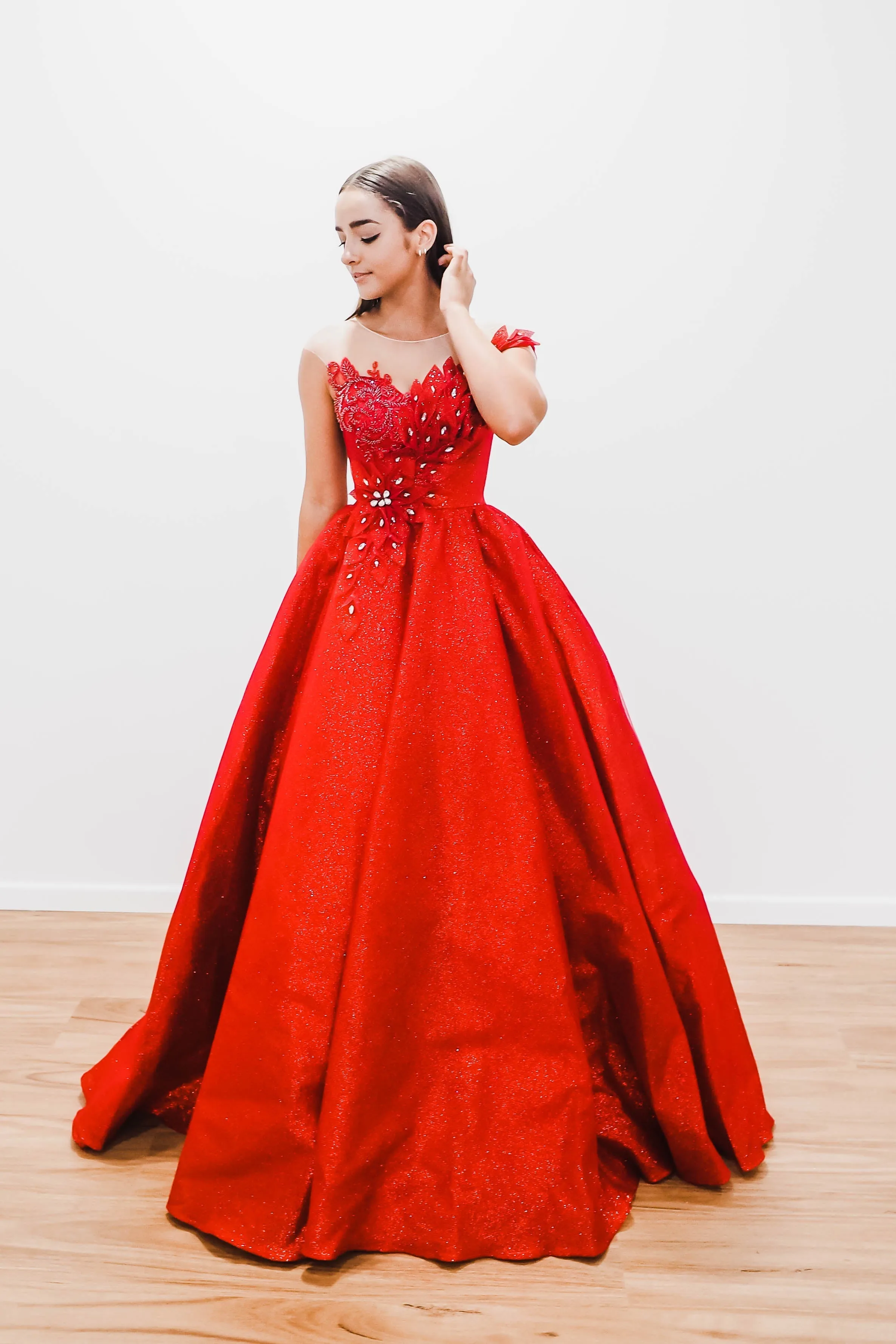 Dark red with hand made 3D flower bodice princess dress (sample sale)
