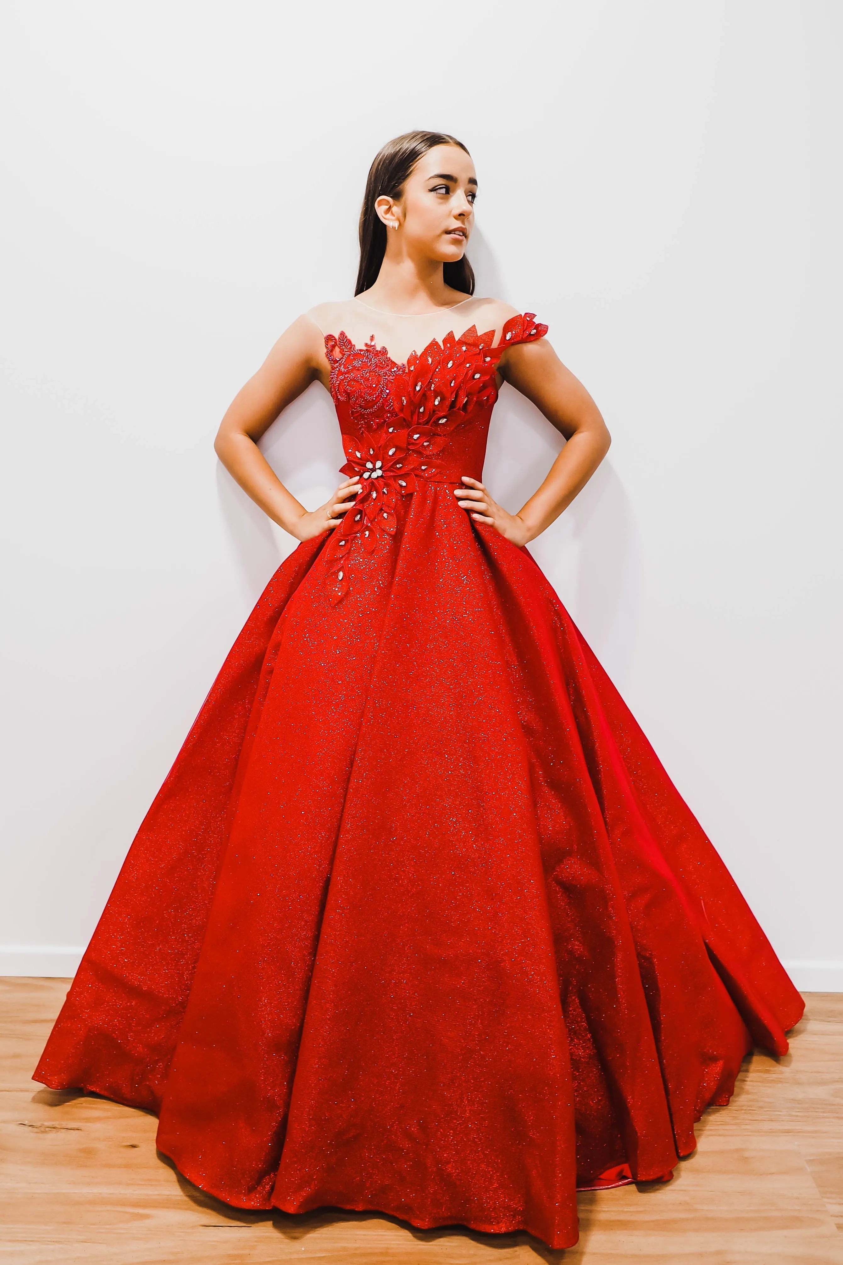 Dark red with hand made 3D flower bodice princess dress (sample sale)