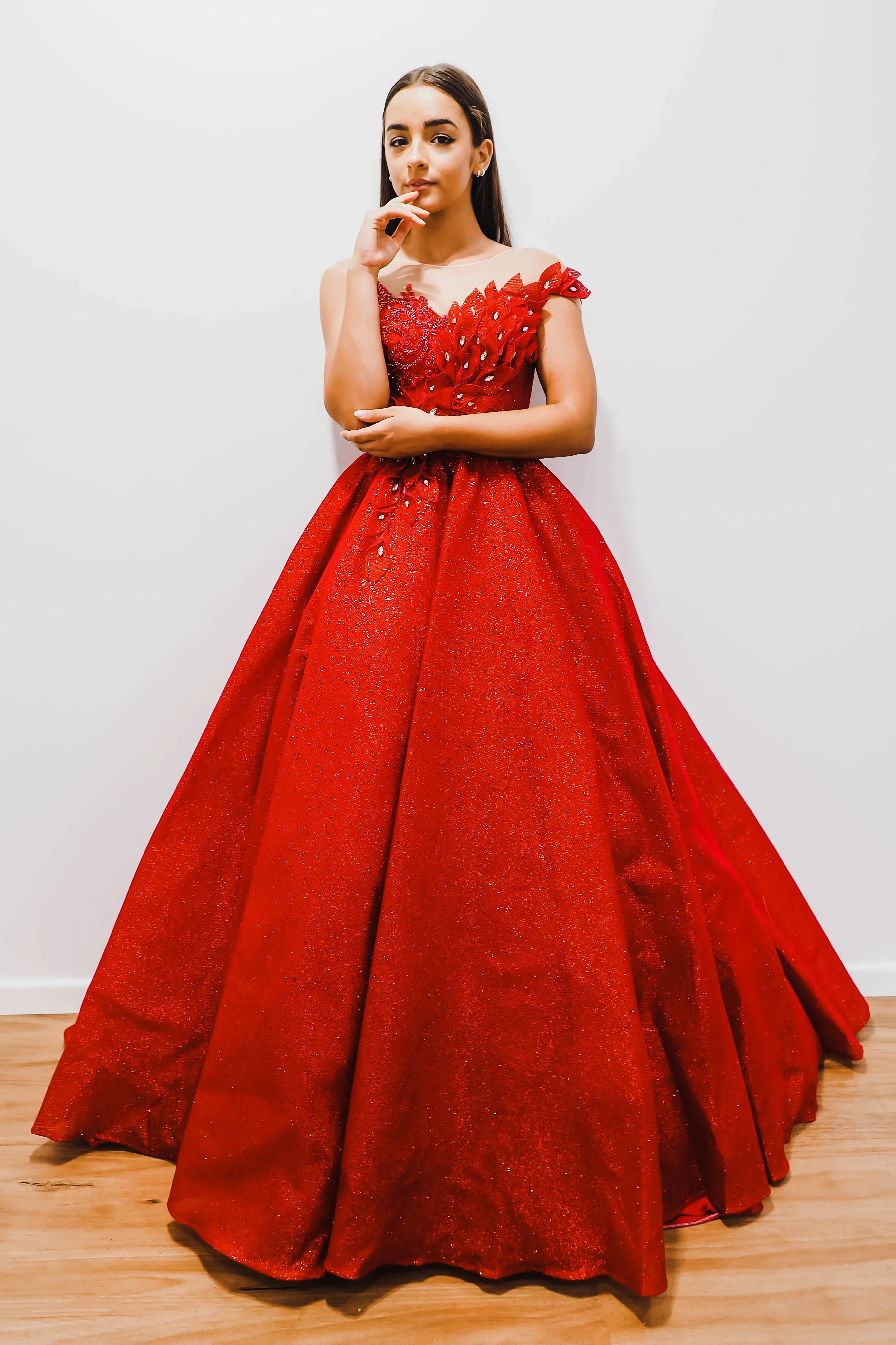 Dark red with hand made 3D flower bodice princess dress (sample sale)