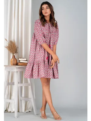 Floral Pink Cotton Mini Tier Dress