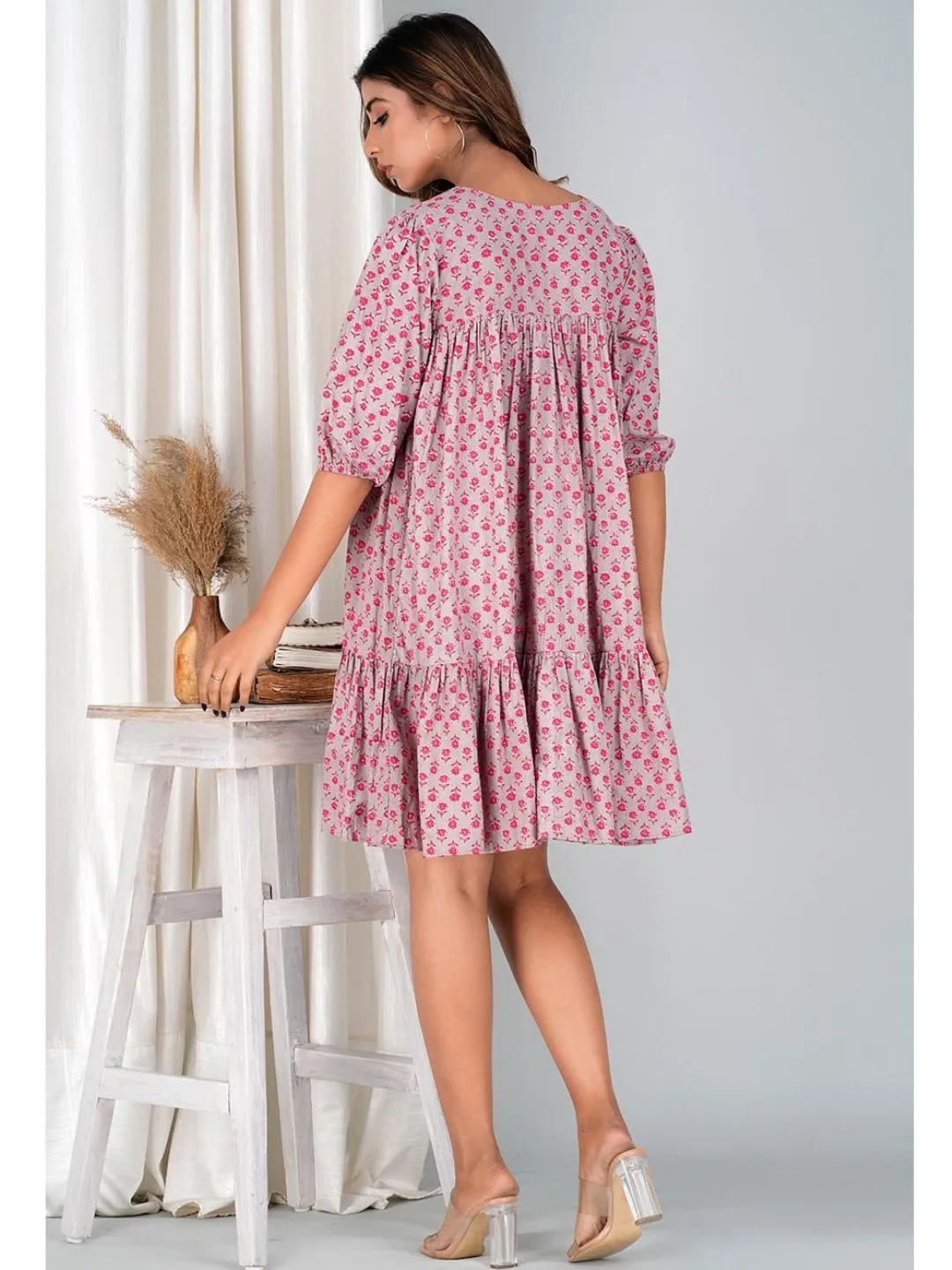Floral Pink Cotton Mini Tier Dress