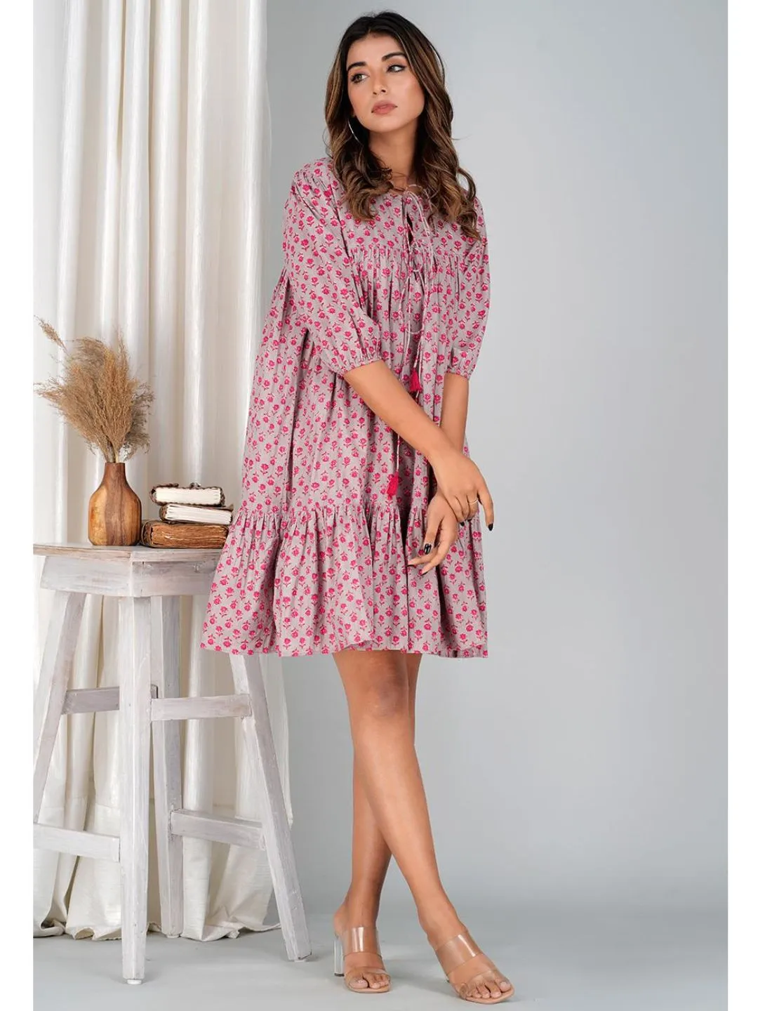 Floral Pink Cotton Mini Tier Dress