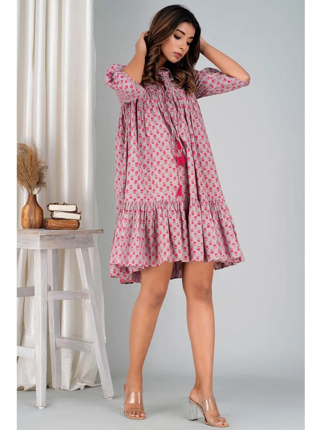 Floral Pink Cotton Mini Tier Dress