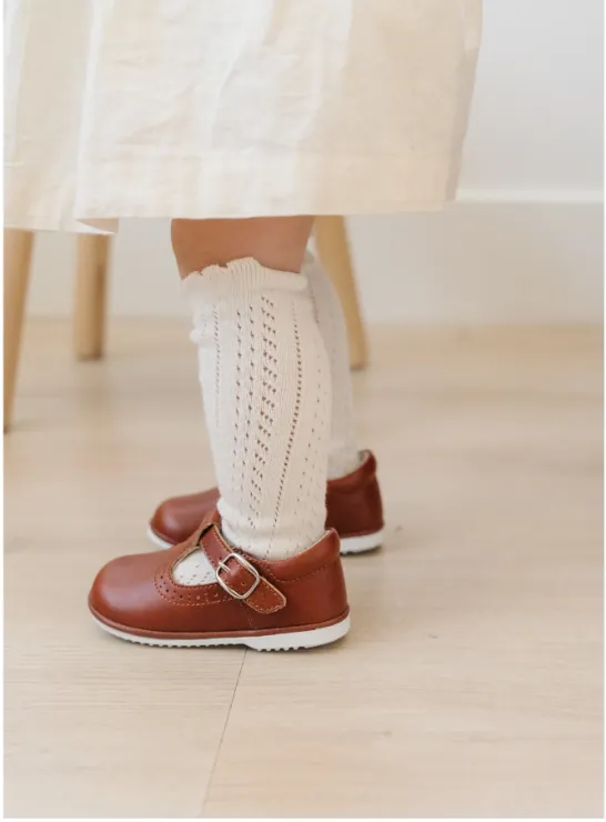 Gemma Leather T-Strap Mary Jane, Cognac (Baby)