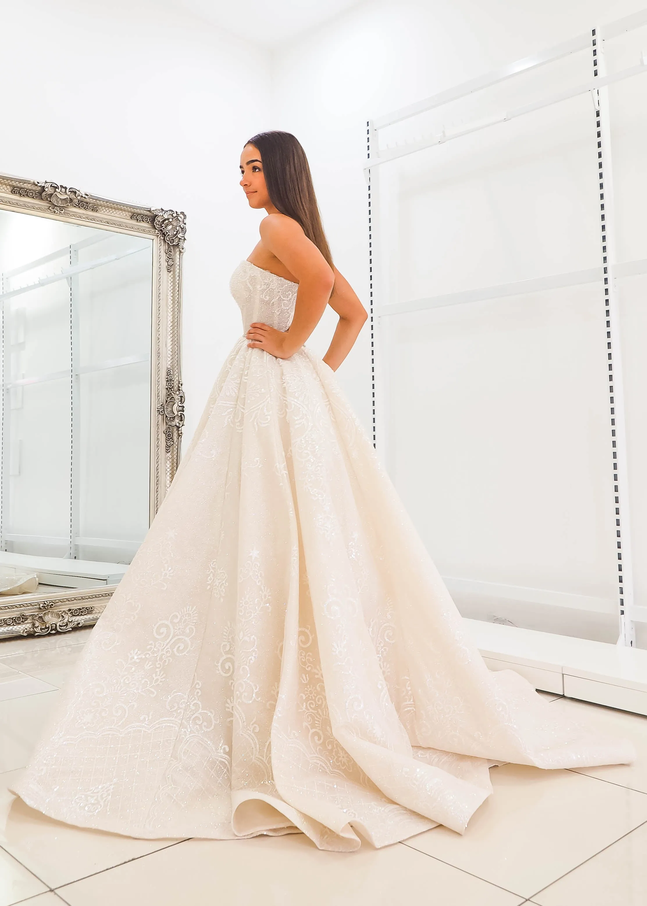 Gold lace all over with sweetheart neckline and deep v wedding dress (sample sale)