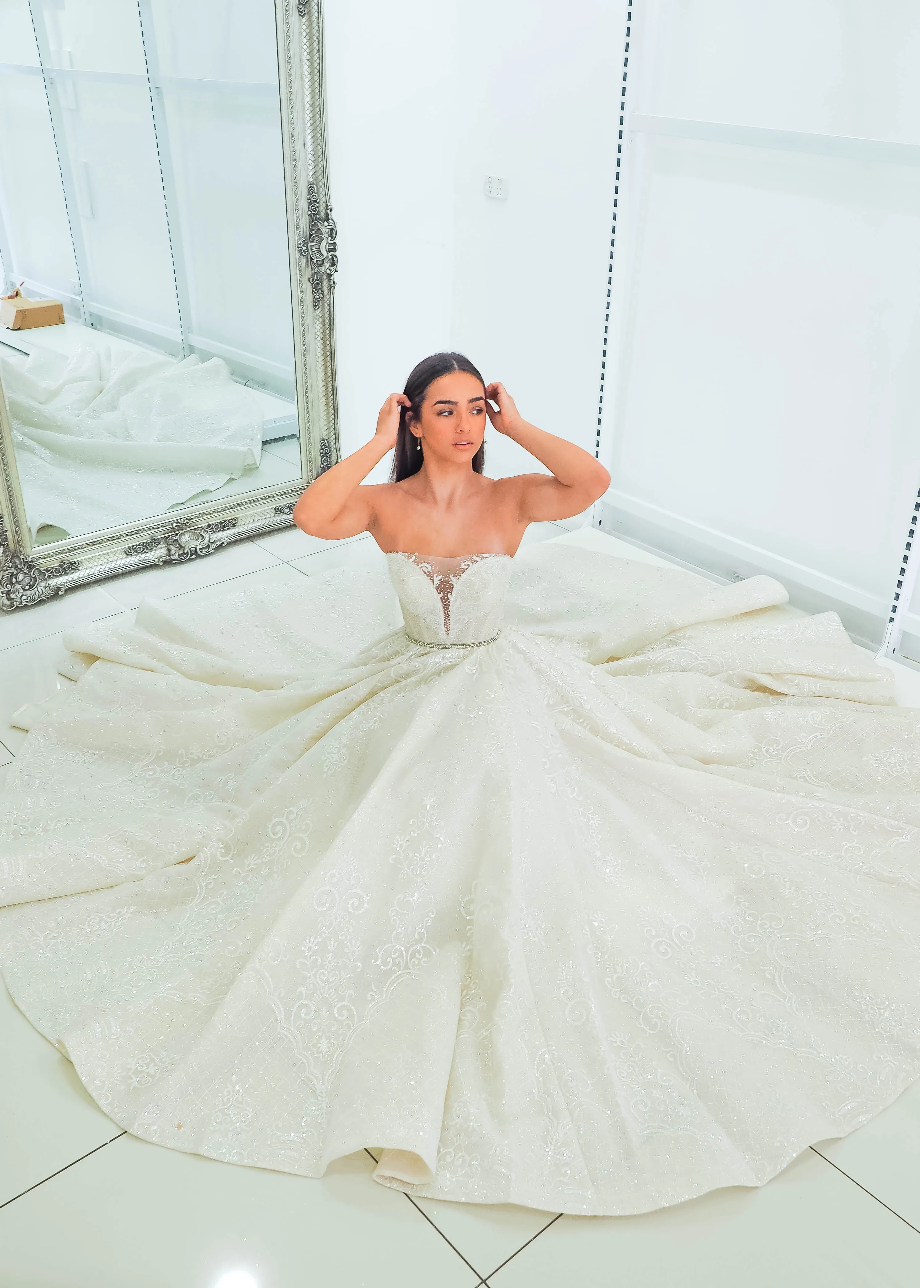 Gold lace all over with sweetheart neckline and deep v wedding dress (sample sale)