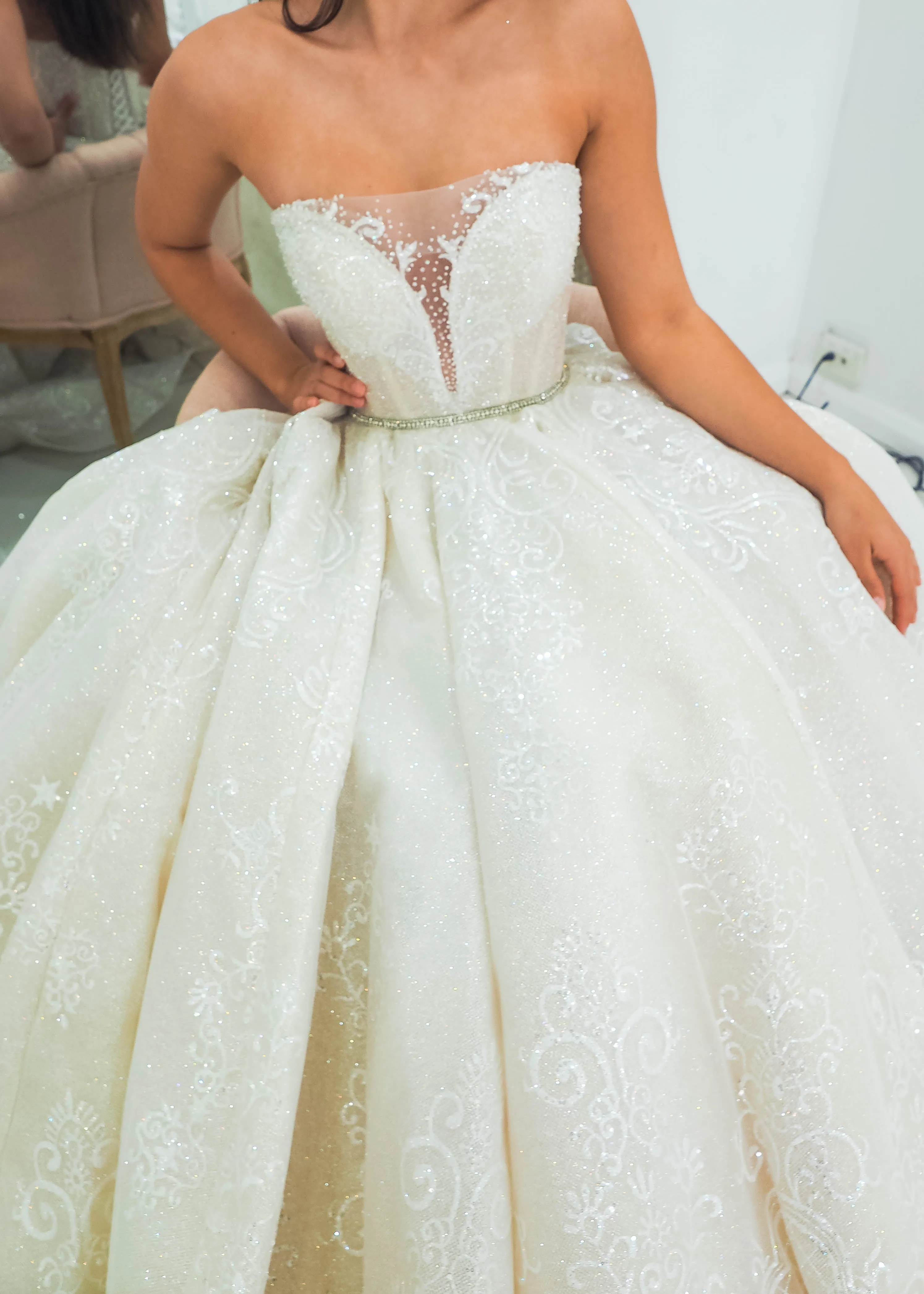 Gold lace all over with sweetheart neckline and deep v wedding dress (sample sale)