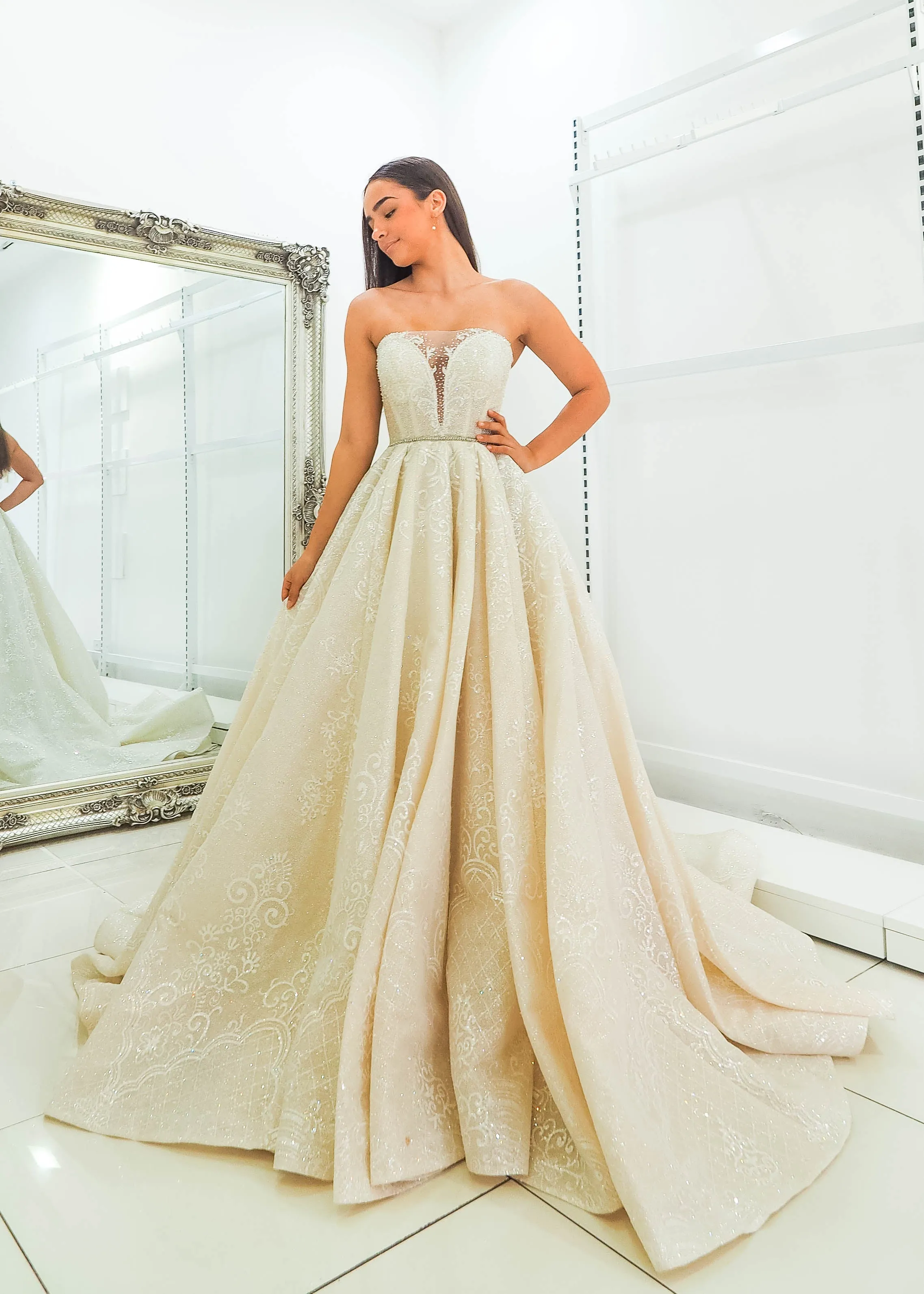 Gold lace all over with sweetheart neckline and deep v wedding dress (sample sale)