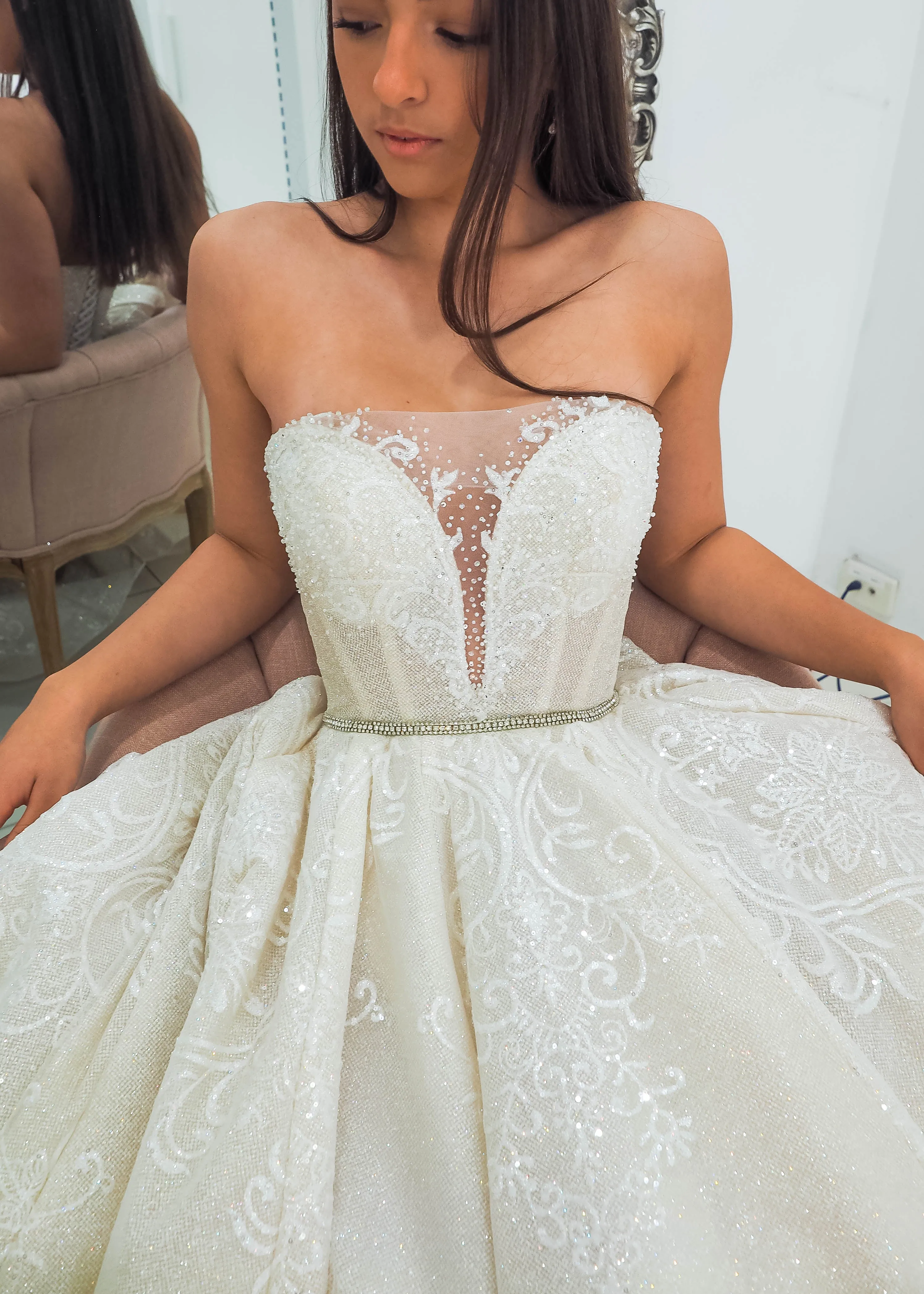 Gold lace all over with sweetheart neckline and deep v wedding dress (sample sale)