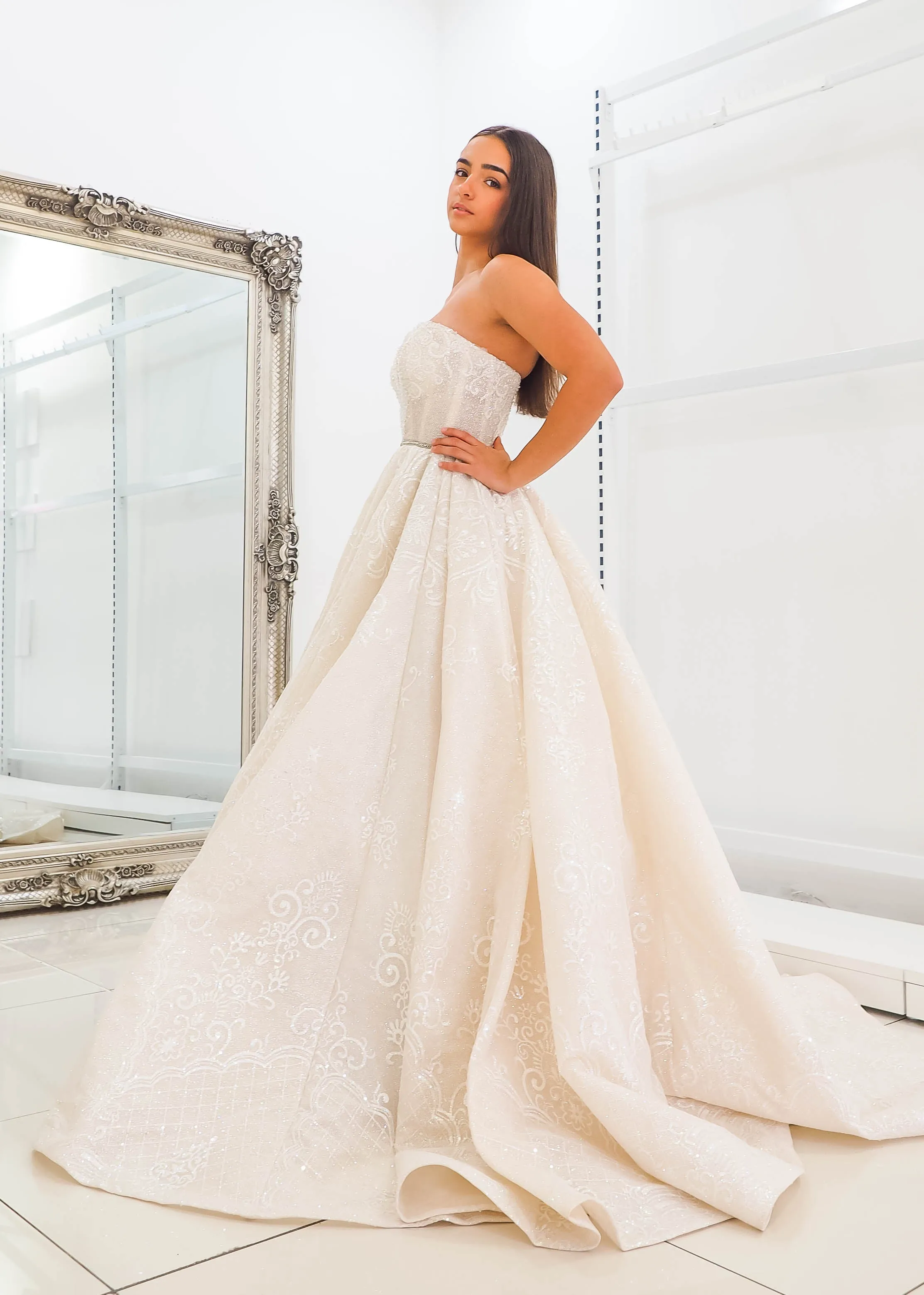 Gold lace all over with sweetheart neckline and deep v wedding dress (sample sale)