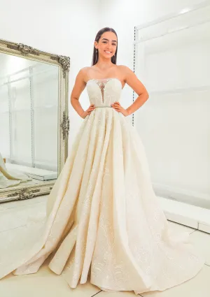 Gold lace all over with sweetheart neckline and deep v wedding dress (sample sale)