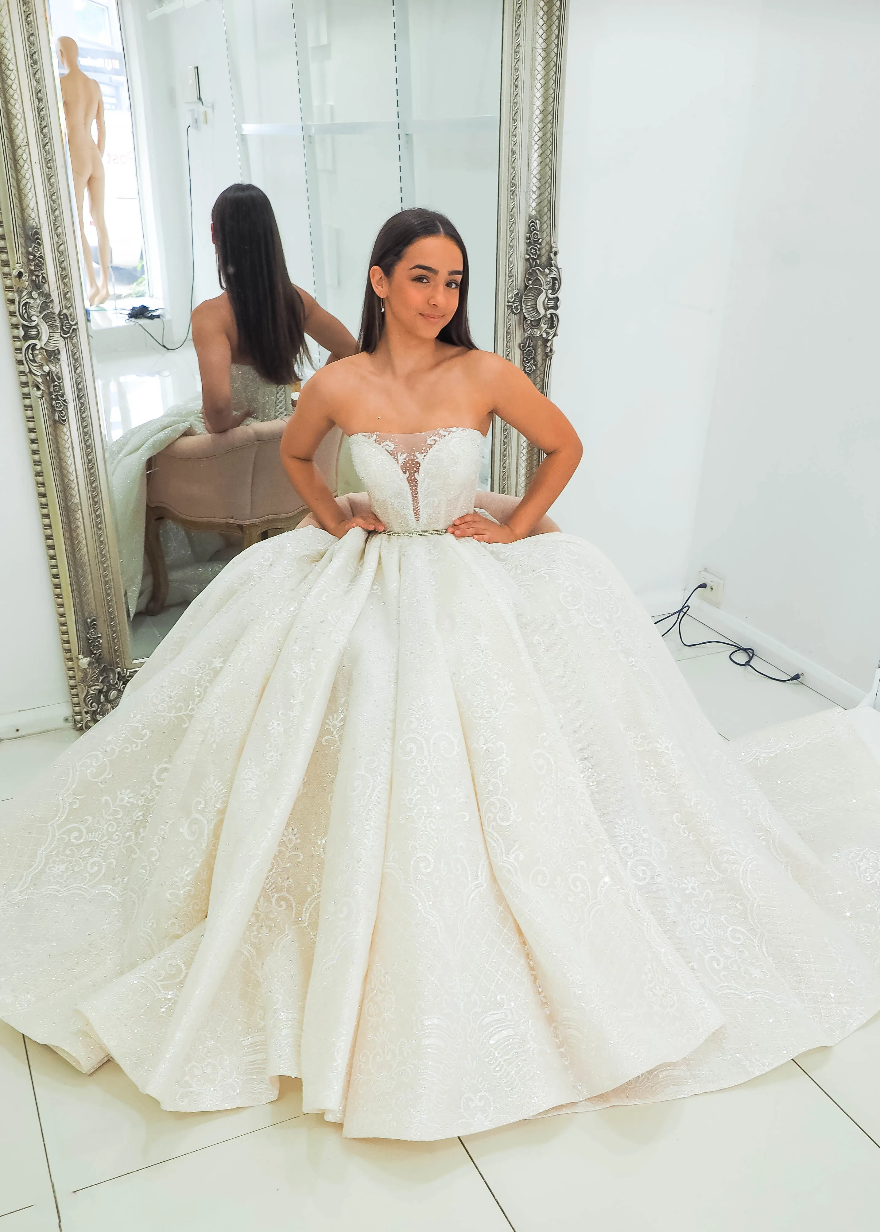 Gold lace all over with sweetheart neckline and deep v wedding dress (sample sale)