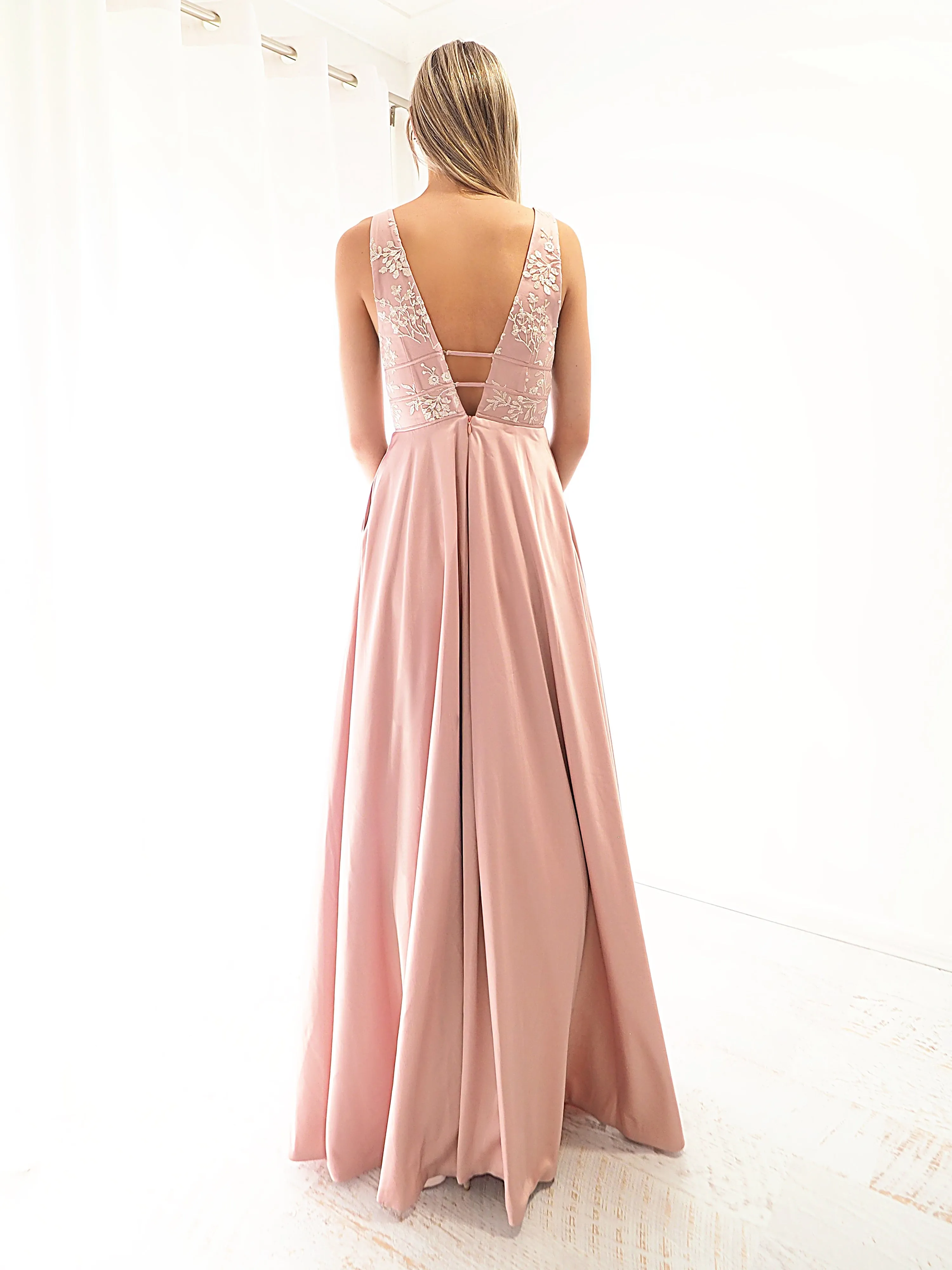 Muted Pink Fondue satin dress with deep V neck