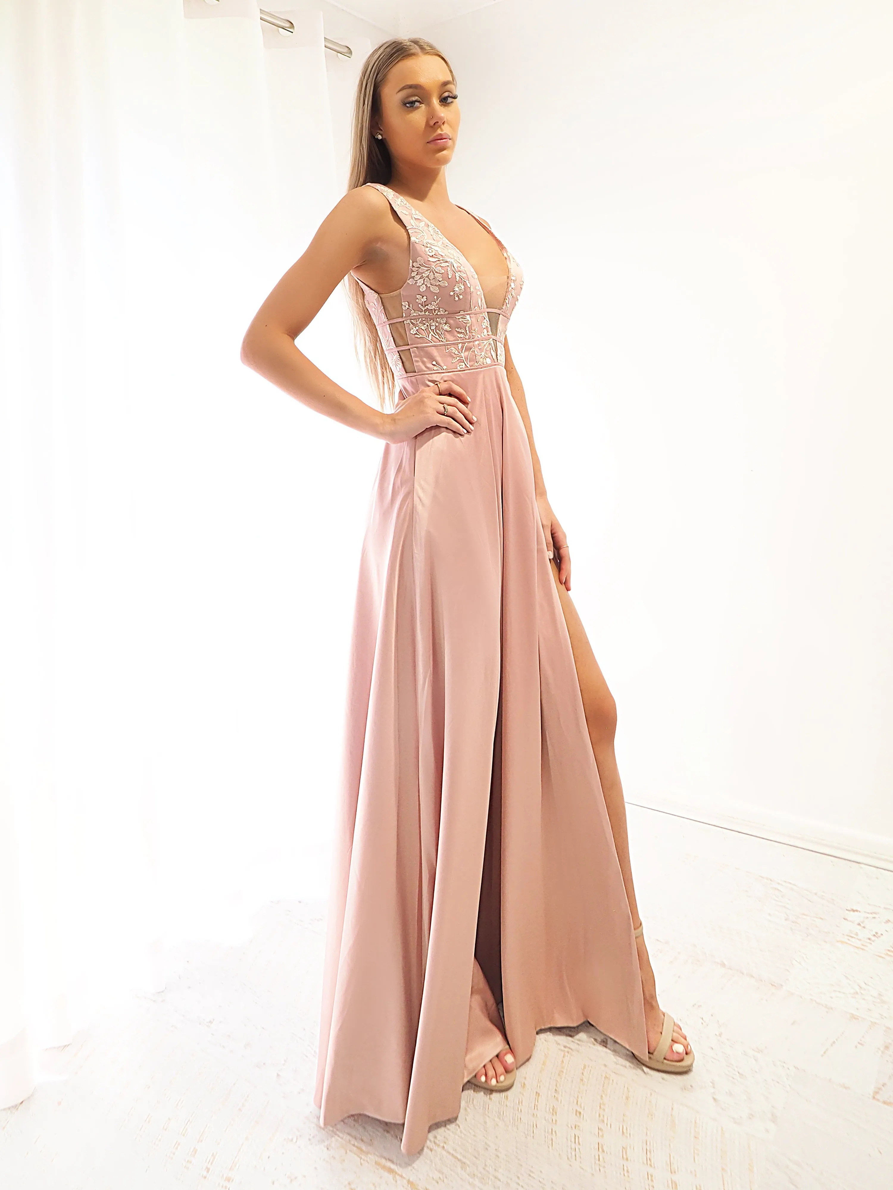 Muted Pink Fondue satin dress with deep V neck