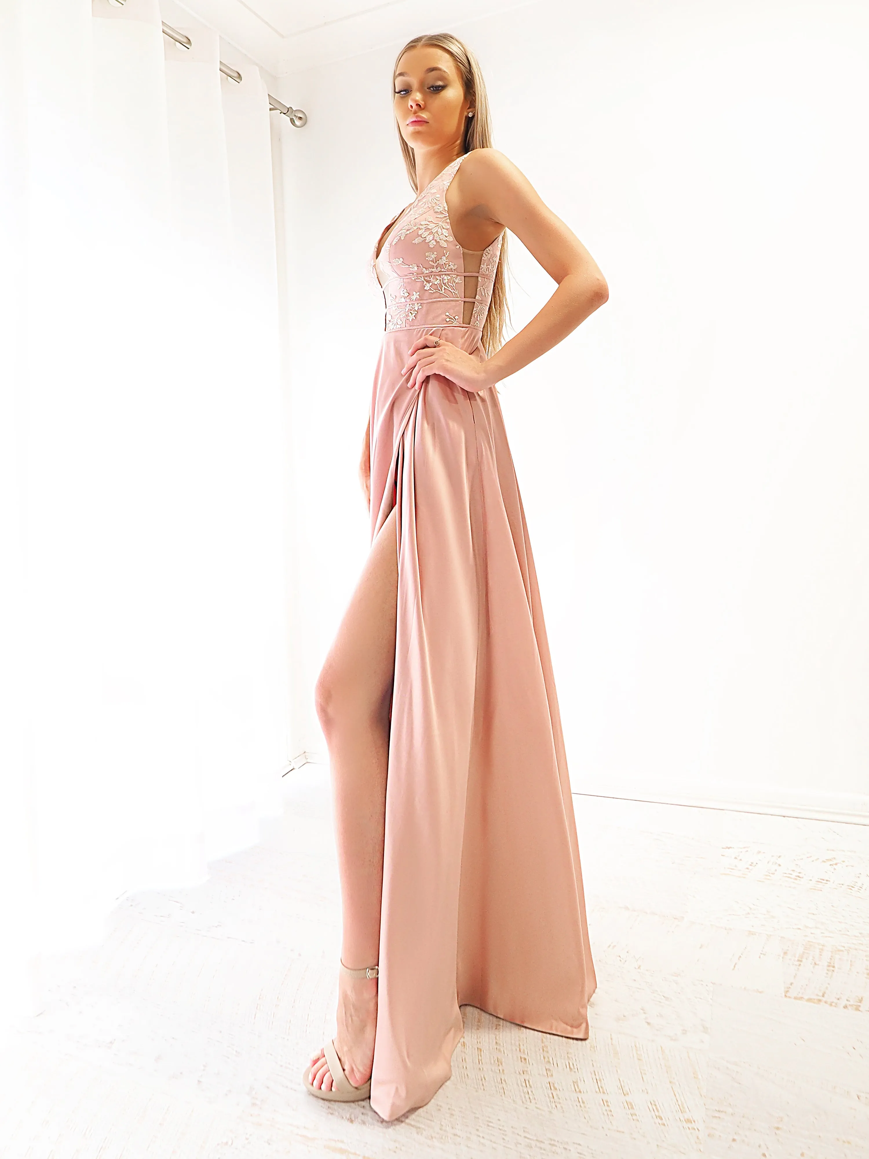 Muted Pink Fondue satin dress with deep V neck