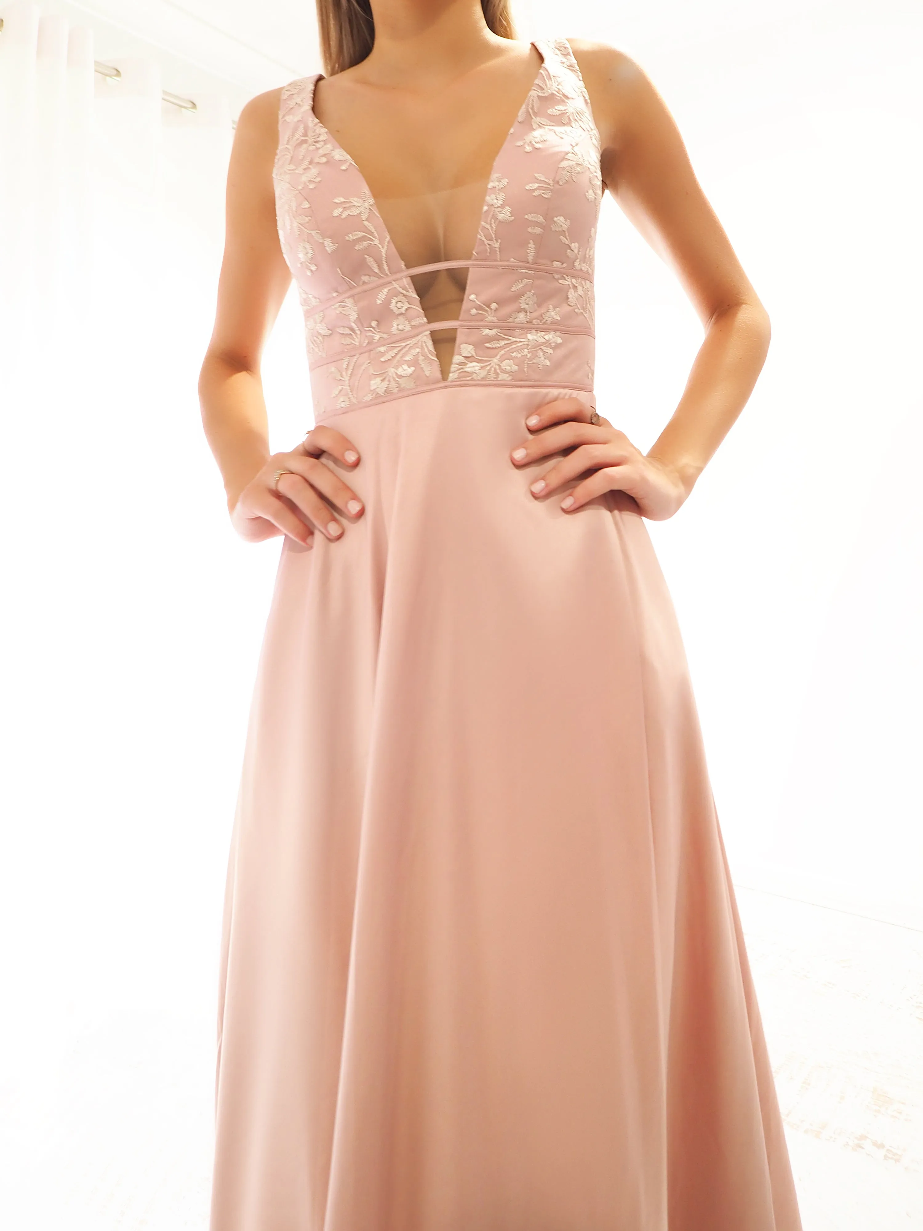 Muted Pink Fondue satin dress with deep V neck