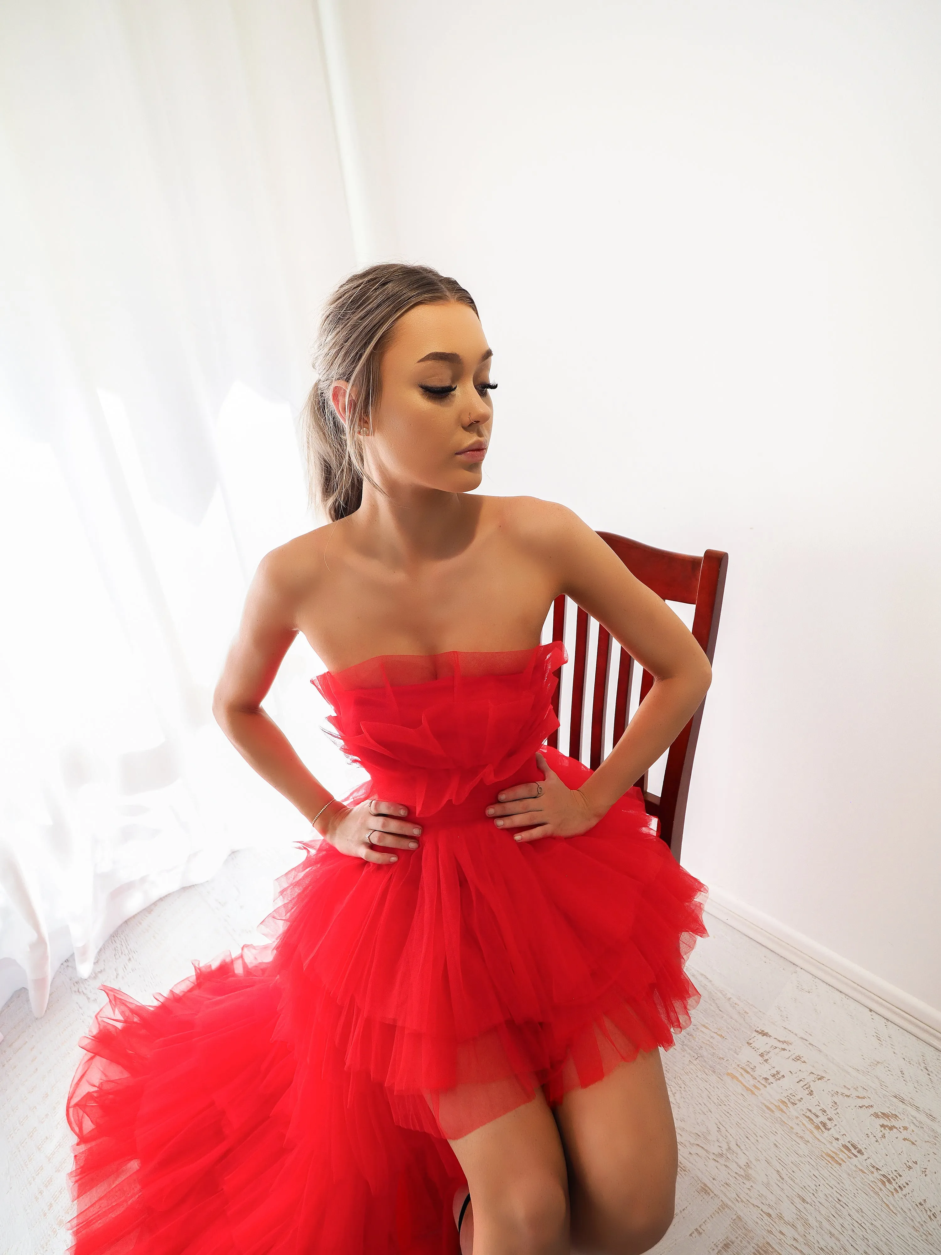 Red pleated layered high and low tulle dress
