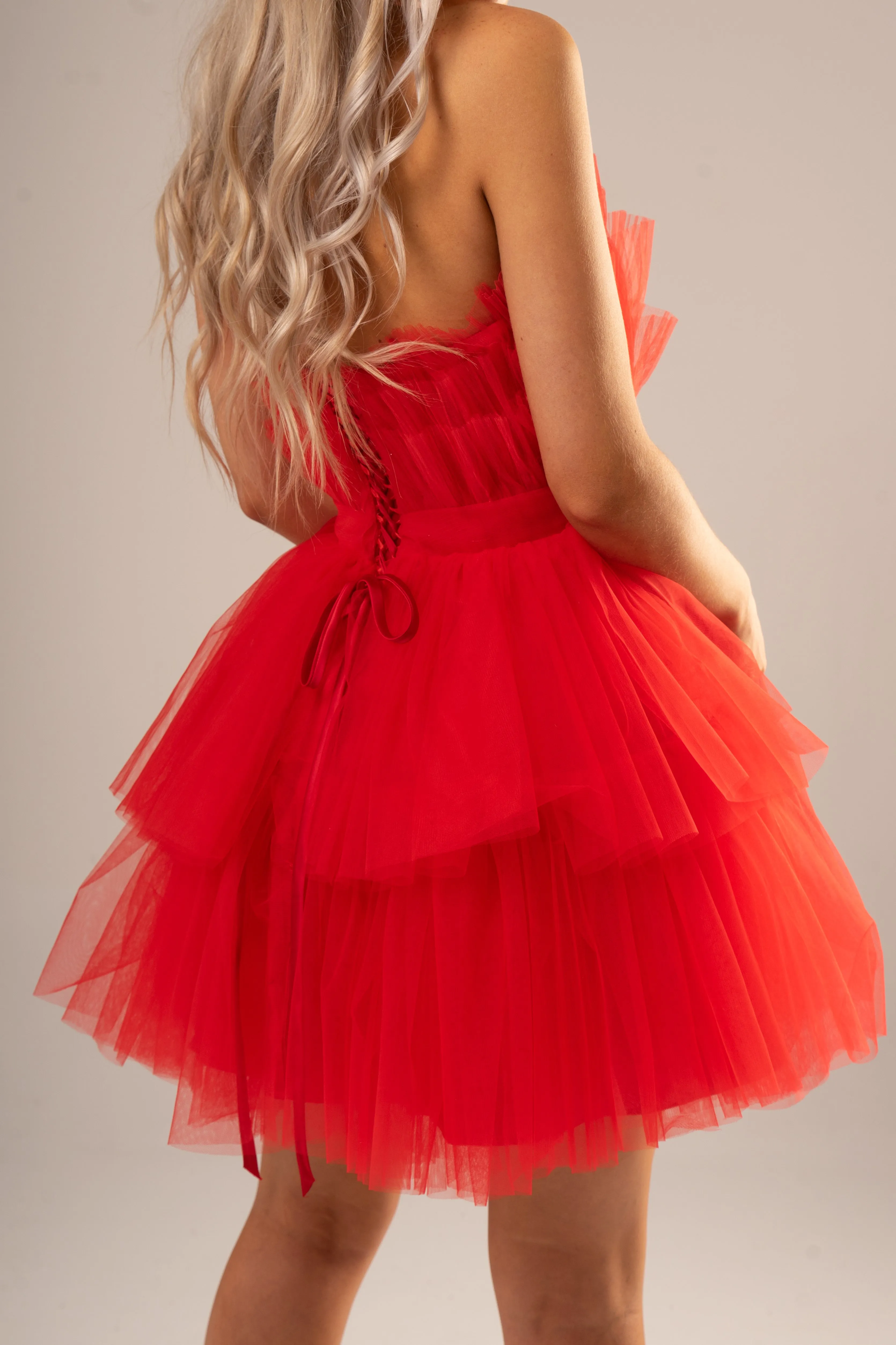 Red pleated layered high and low tulle dress