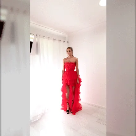 Red pleated layered high and low tulle dress