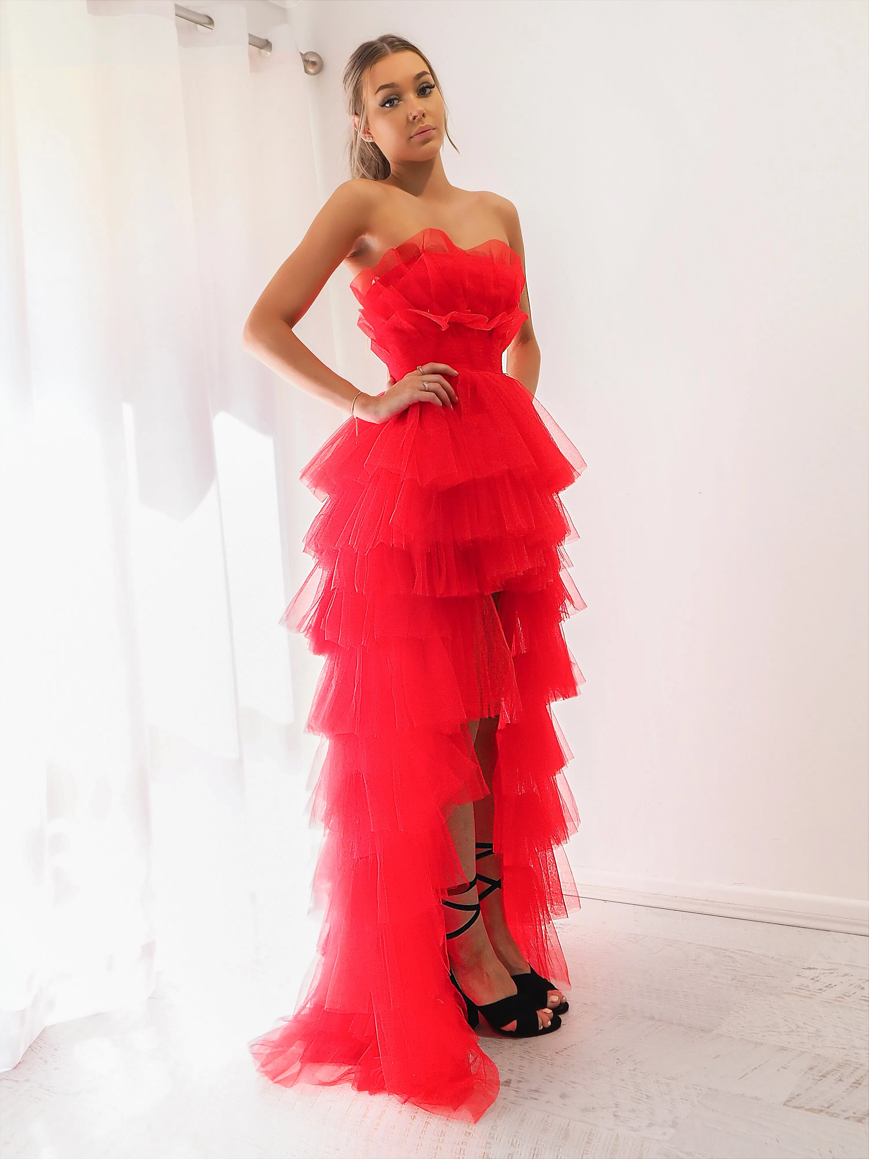 Red pleated layered high and low tulle dress