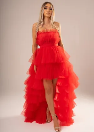 Red pleated layered high and low tulle dress