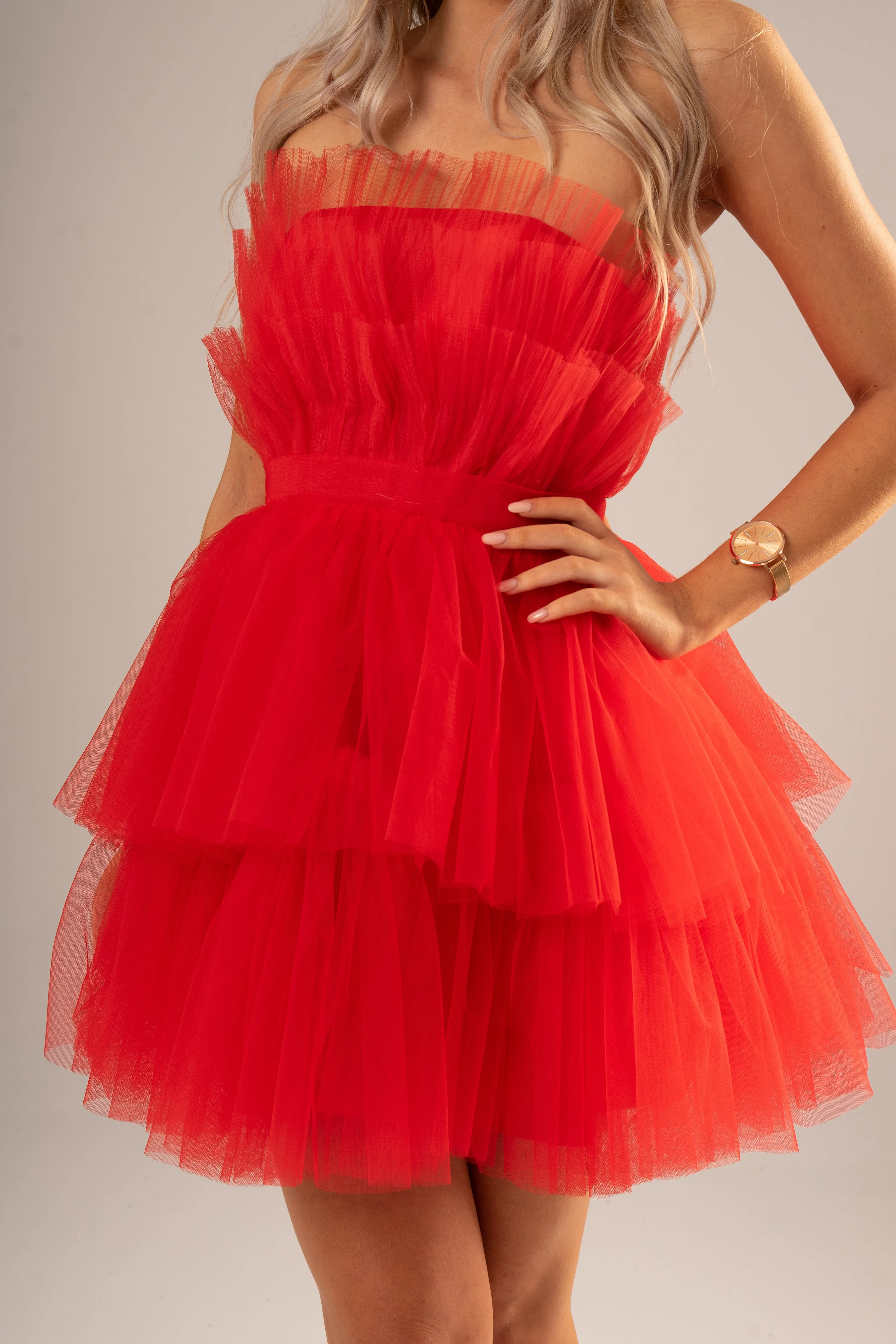 Red pleated layered high and low tulle dress