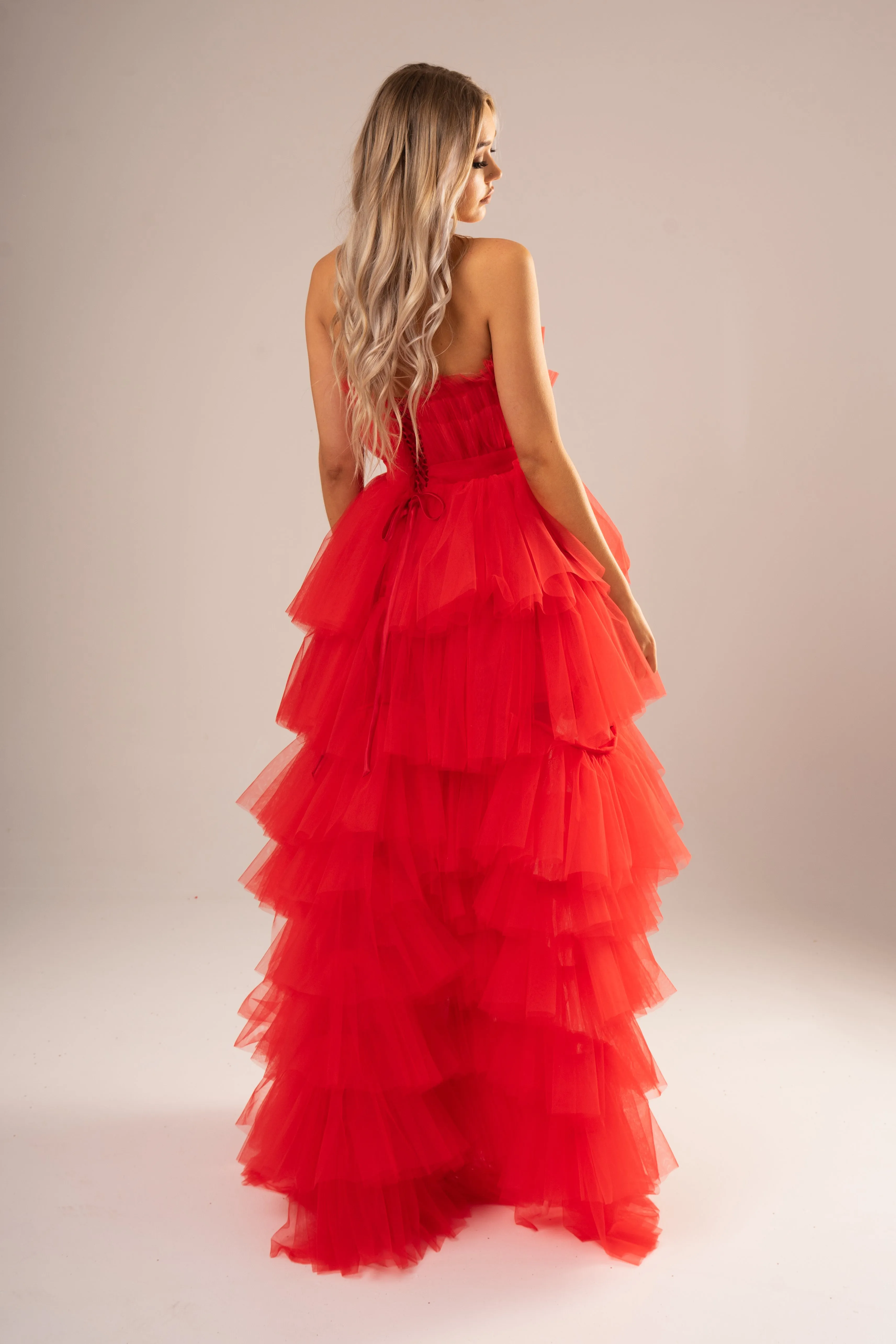 Red pleated layered high and low tulle dress