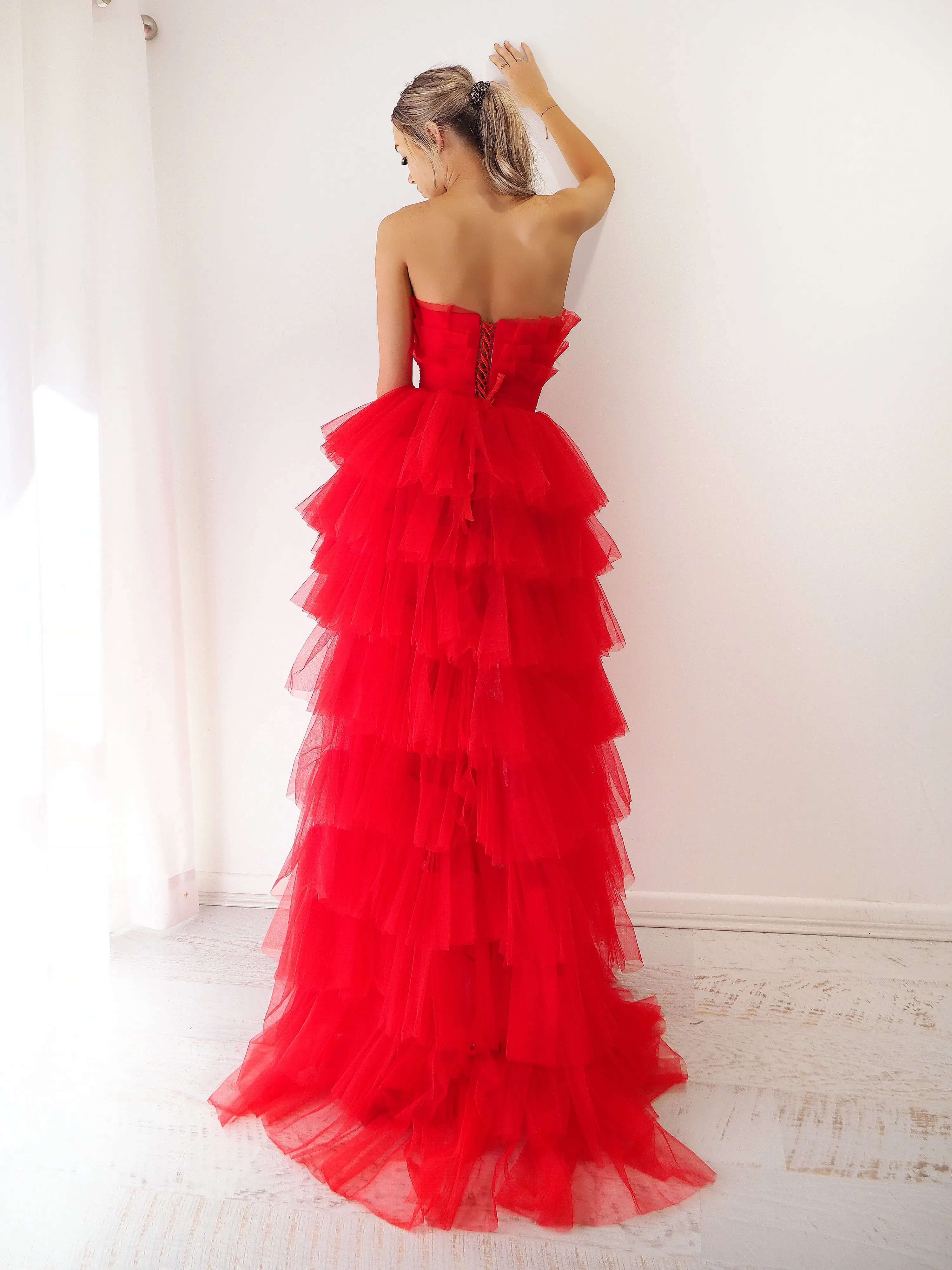 Red pleated layered high and low tulle dress