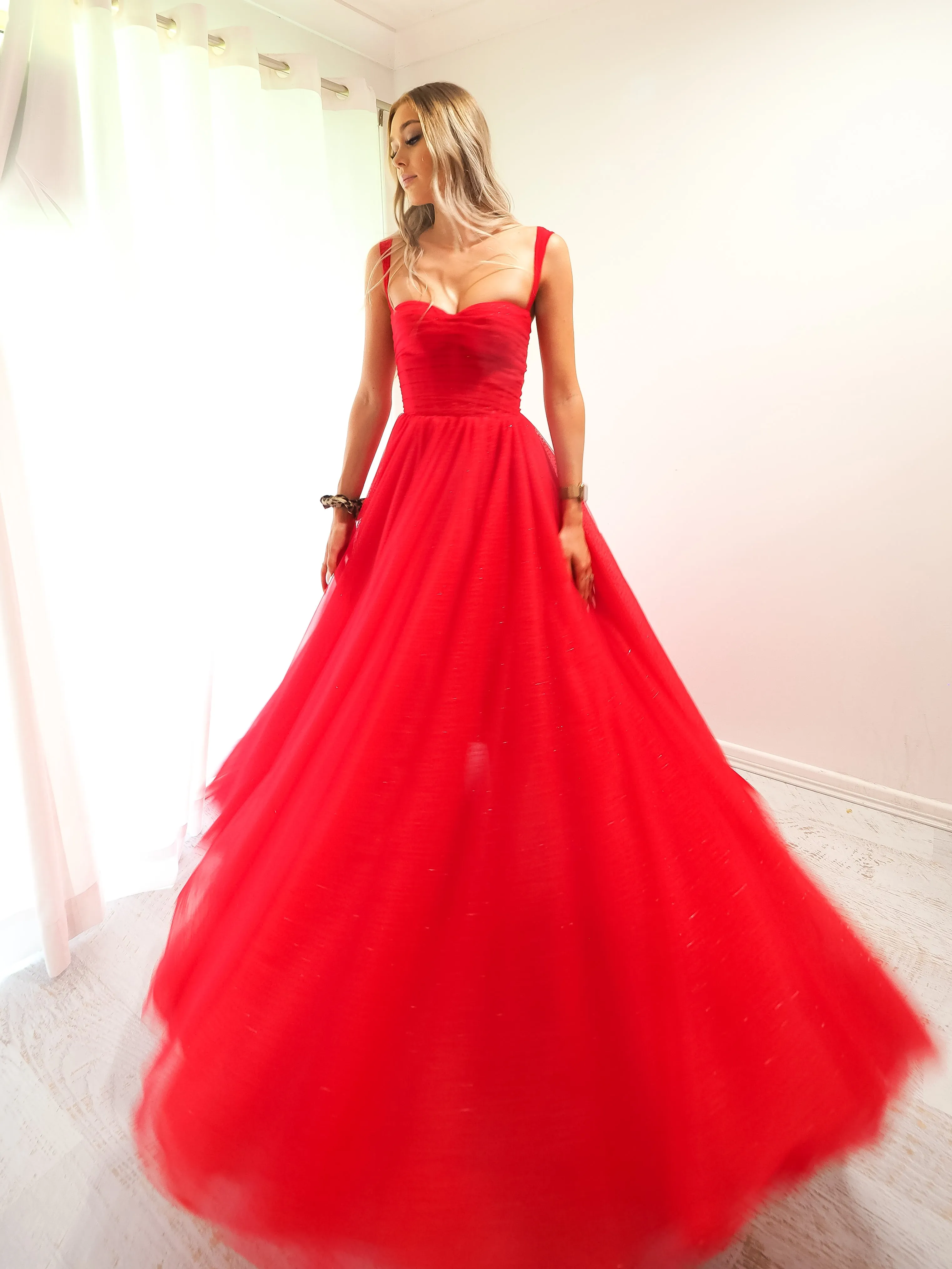 Red sparkling  tulle dress with hidden bustier bust
