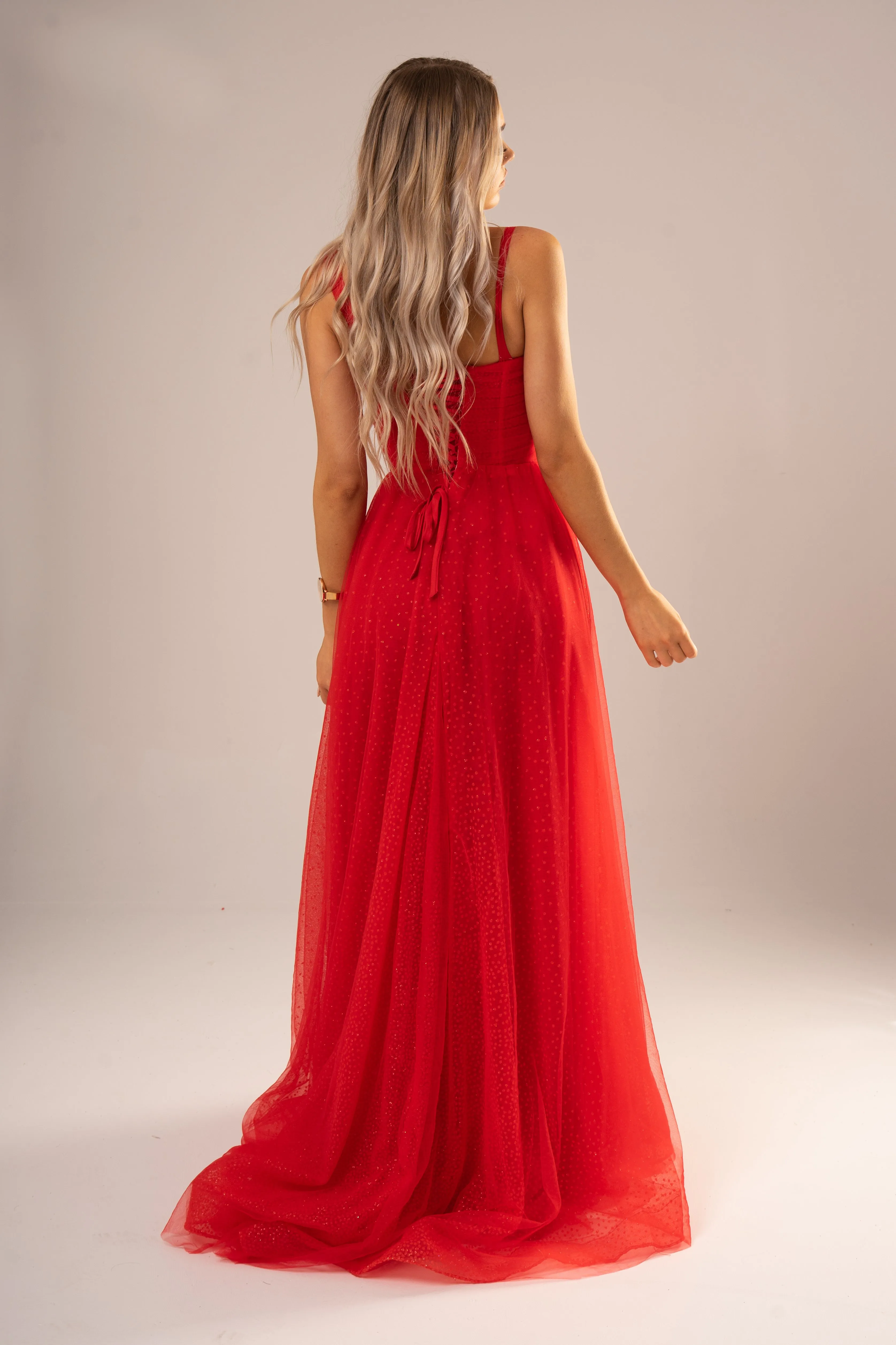 Red sparkling  tulle dress with hidden bustier bust