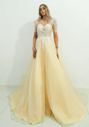Sparkling light gold tulle princess dress with sleeves