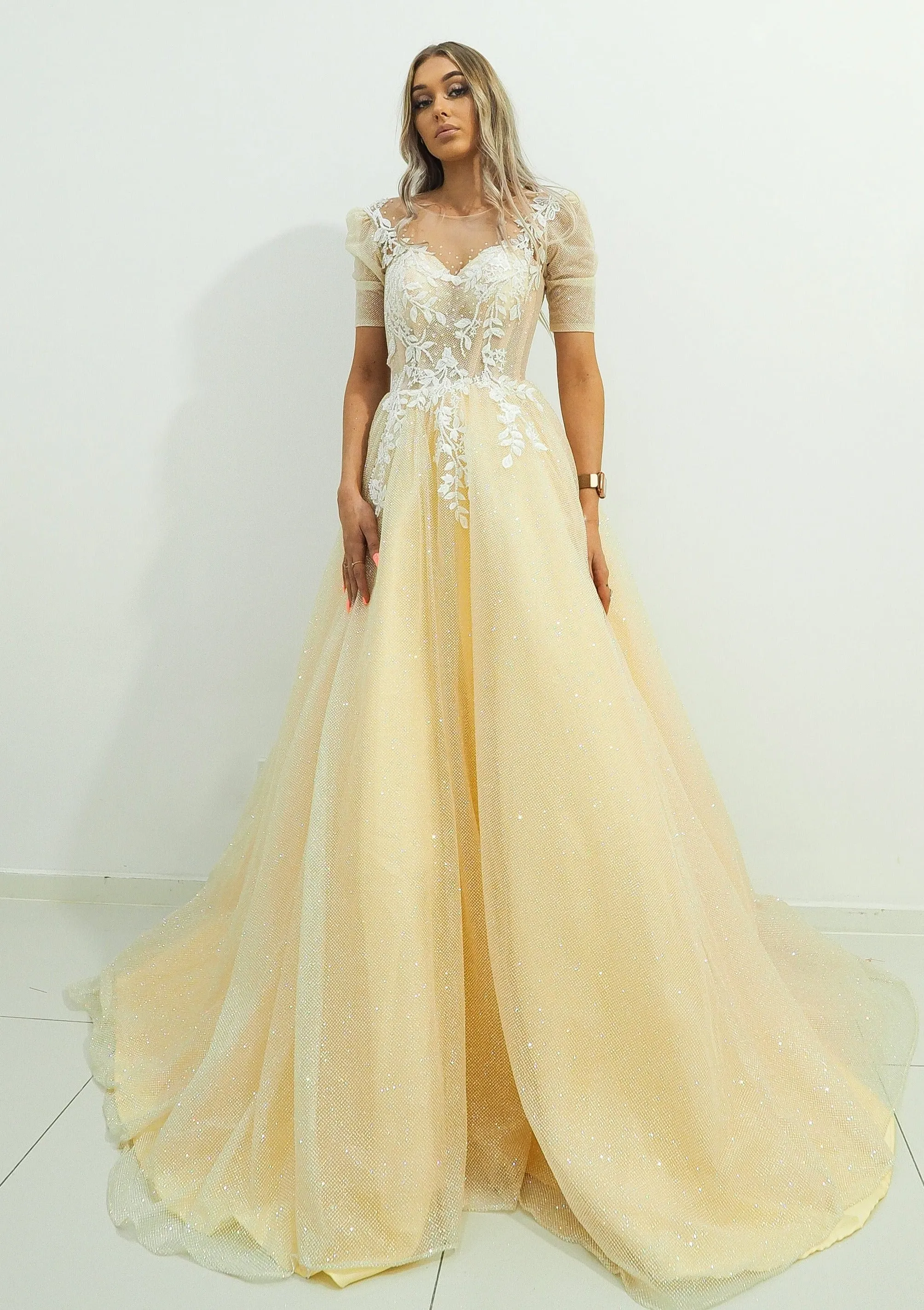 Sparkling light gold tulle princess dress with sleeves
