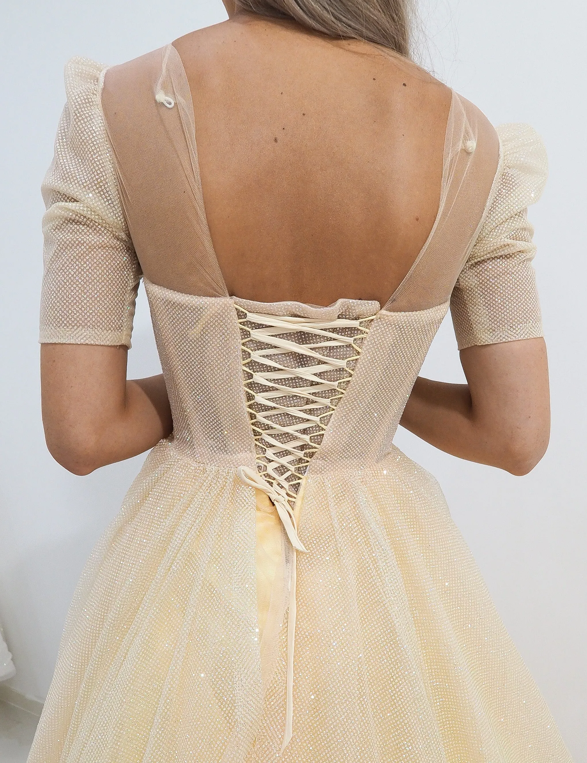 Sparkling light gold tulle princess dress with sleeves