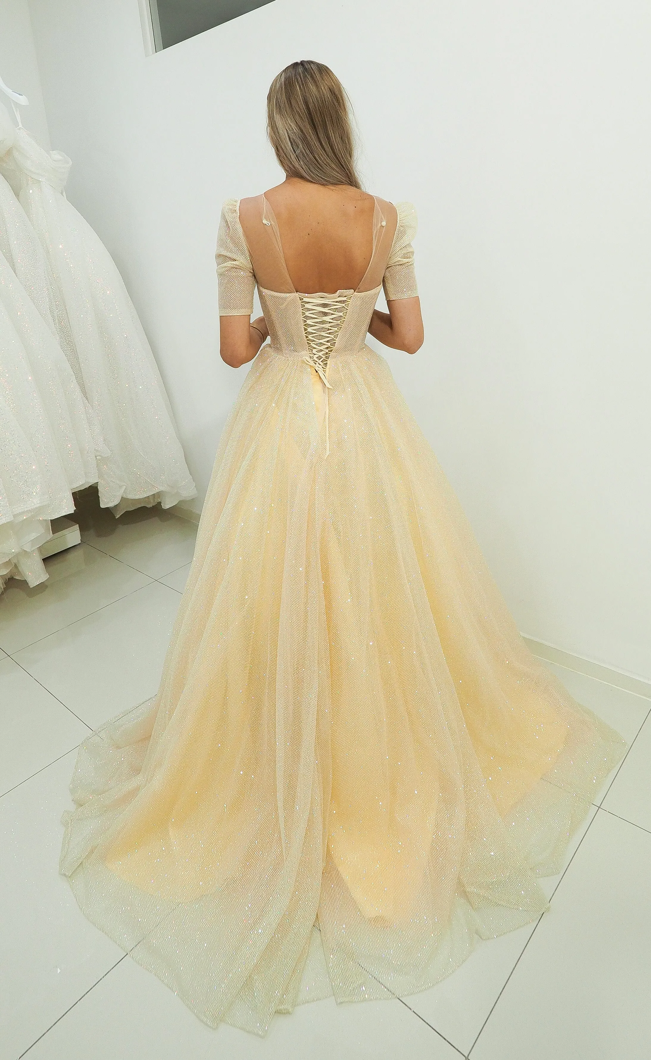 Sparkling light gold tulle princess dress with sleeves